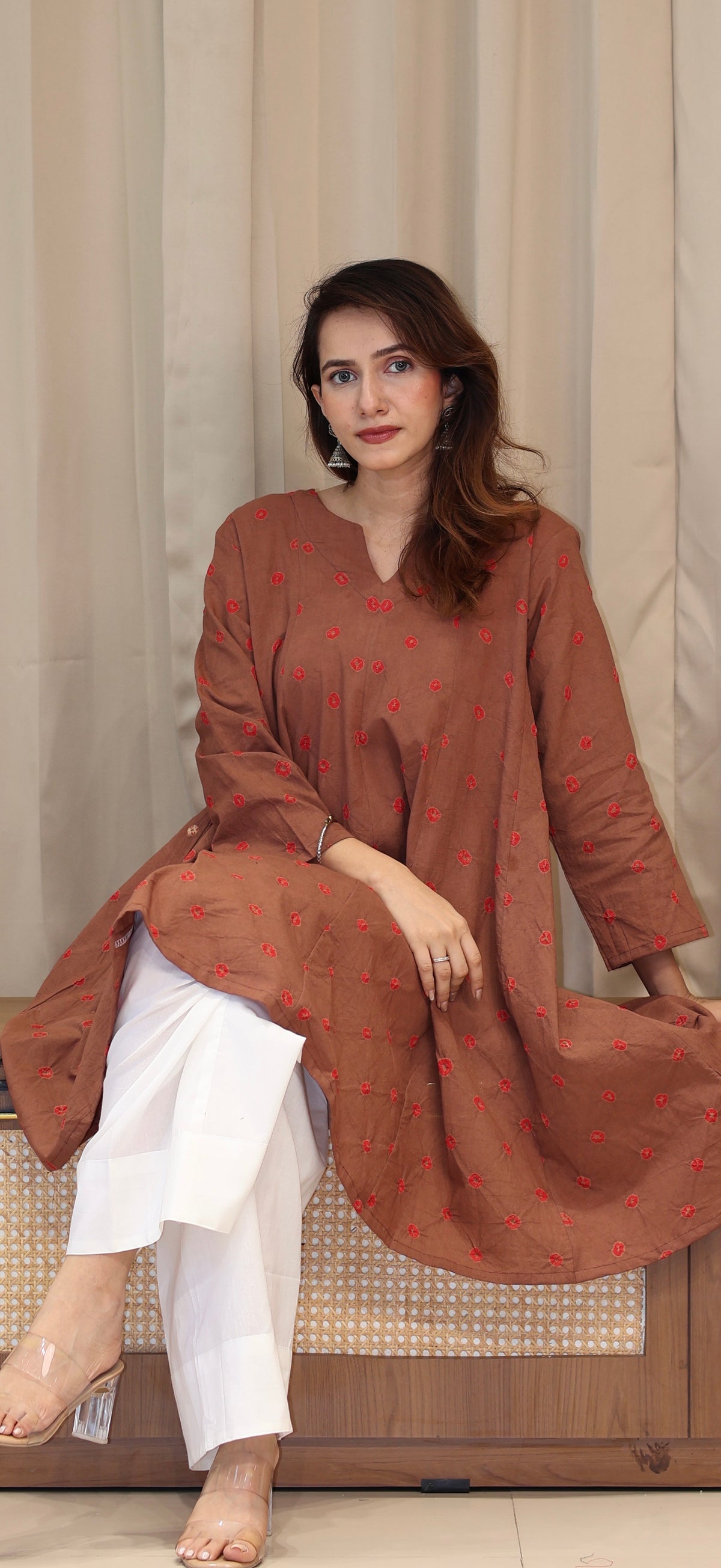 Brown-Red Bandhani Pure Cotton Kali Kurta