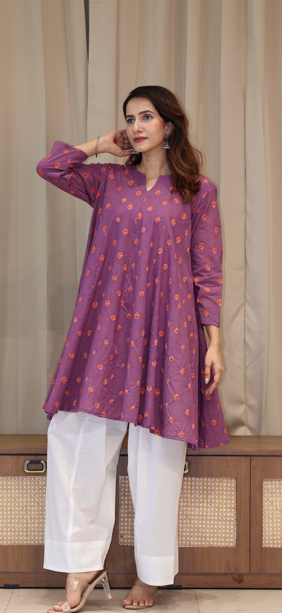 Wine-Red Bandhani Pure Cotton Kali Kurta