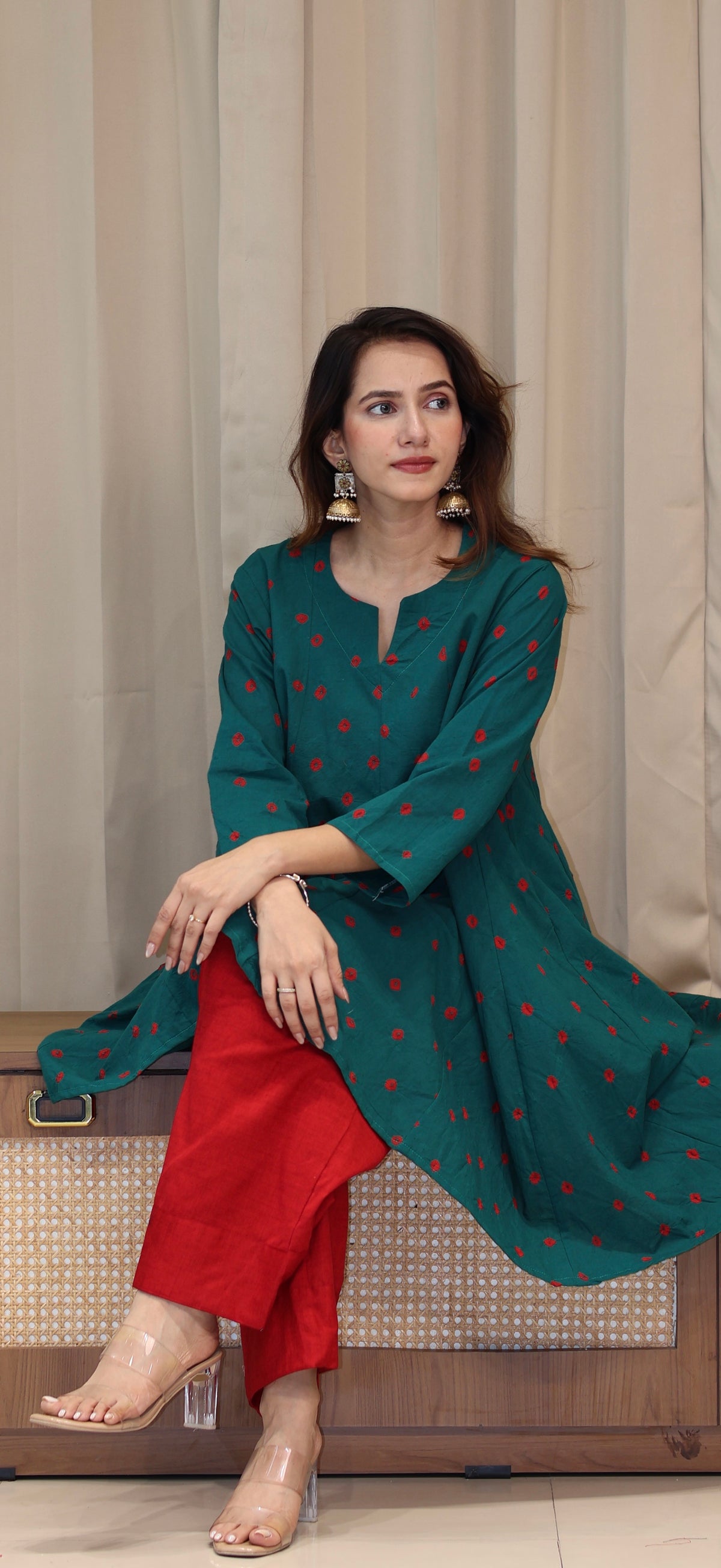 Green-Red Bandhani Pure Cotton Kali Kurta