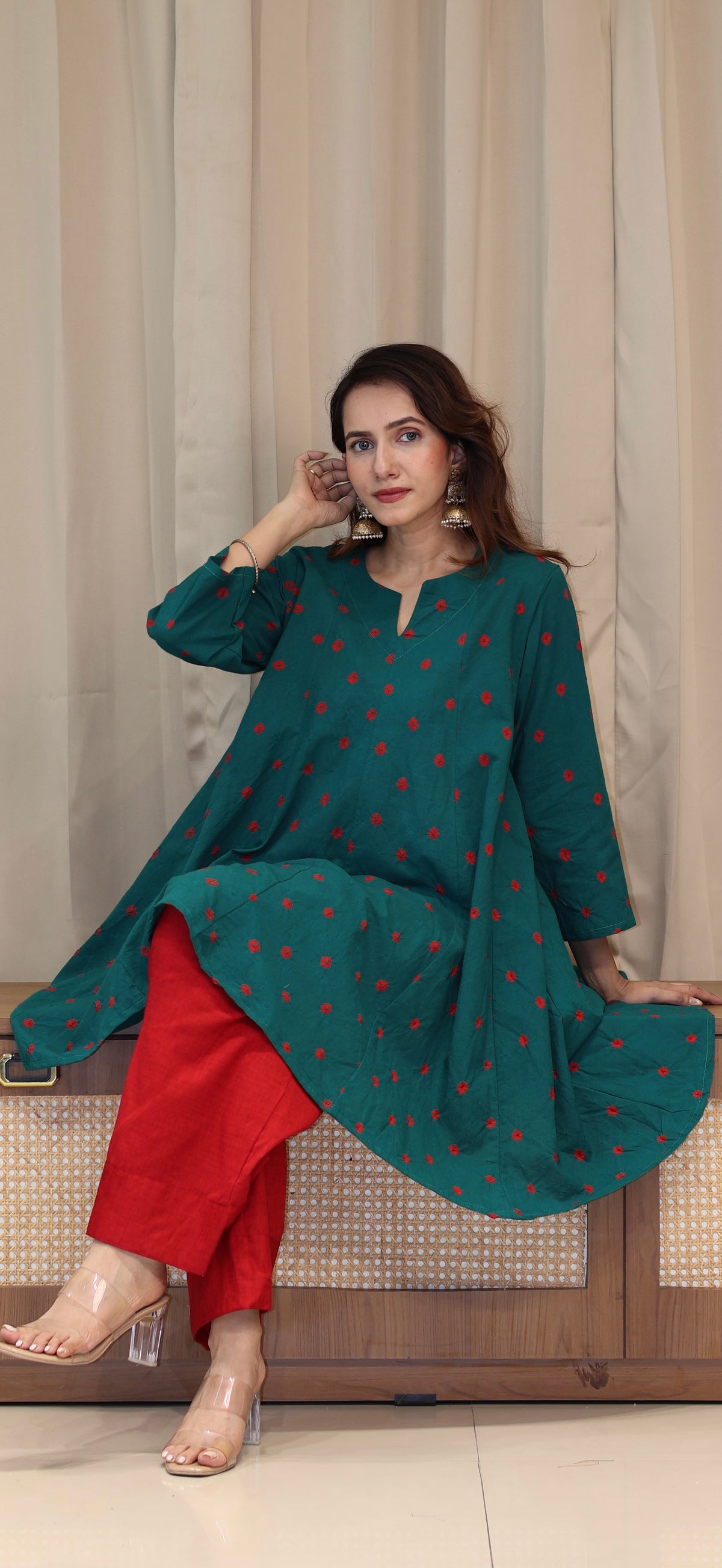 Green-Red Bandhani Pure Cotton Kali Kurta