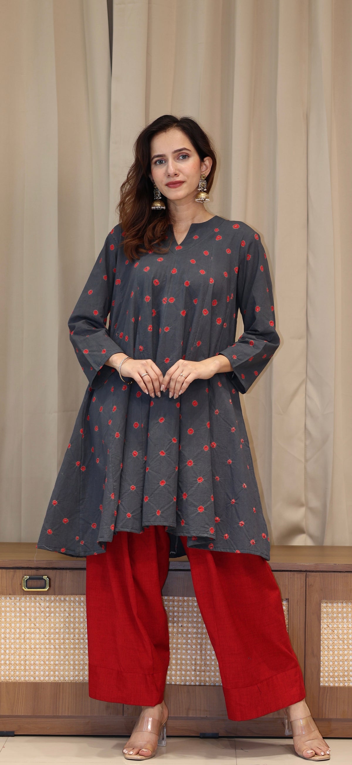 Grey-Red Bandhani Pure Cotton Kali Kurta