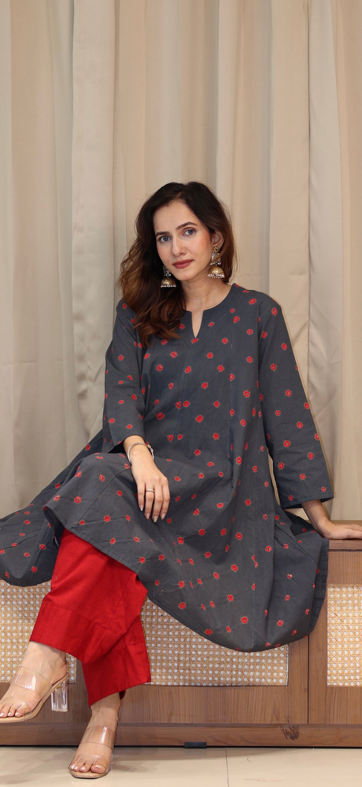 Grey-Red Bandhani Pure Cotton Kali Kurta