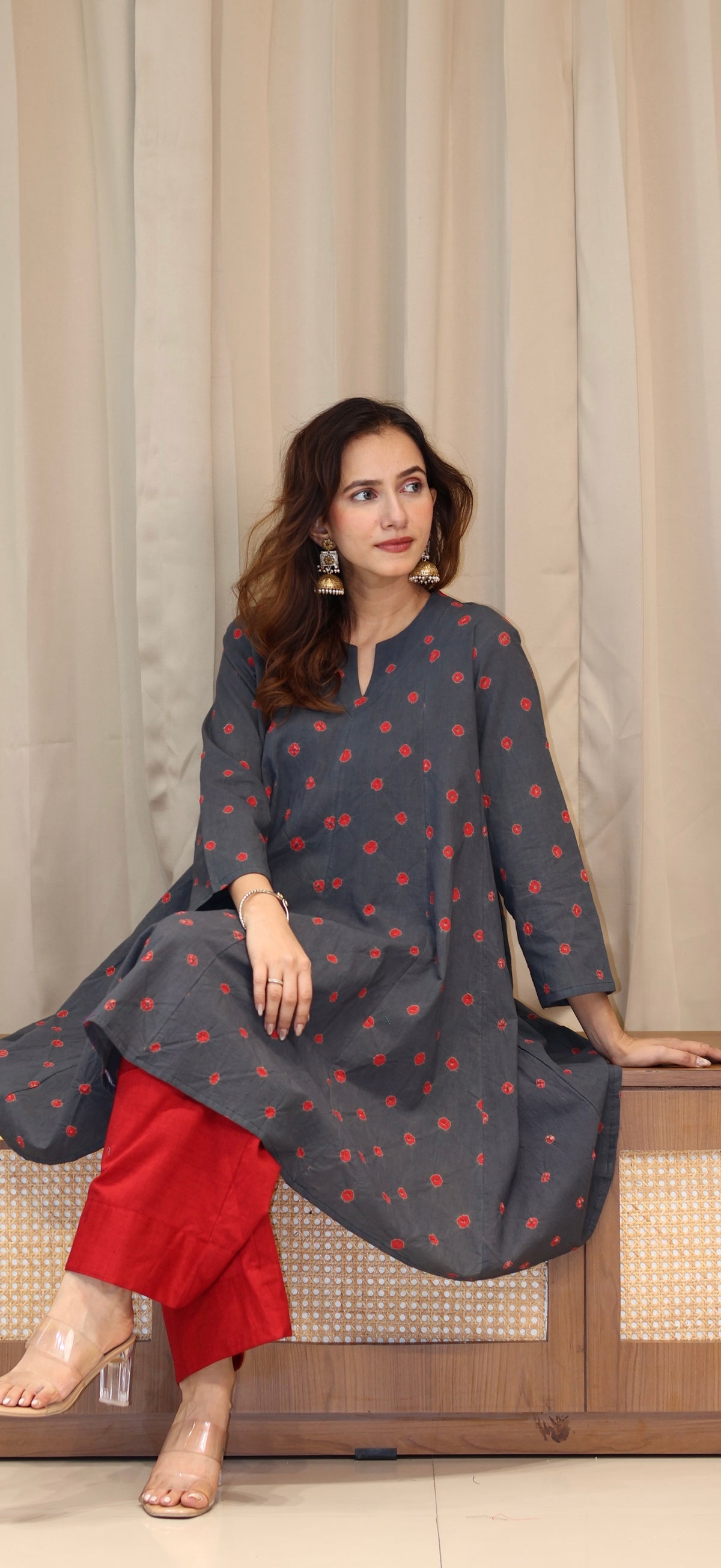 Grey-Red Bandhani Pure Cotton Kali Kurta