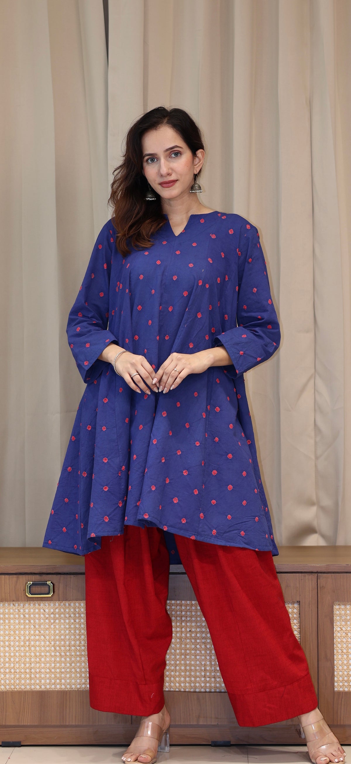 Blue-Red Bandhani Pure Cotton Kali Kurta