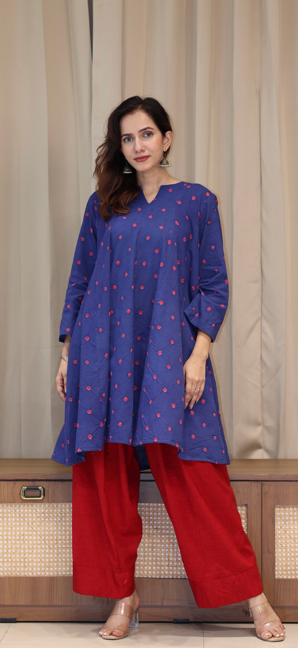 Blue-Red Bandhani Pure Cotton Kali Kurta