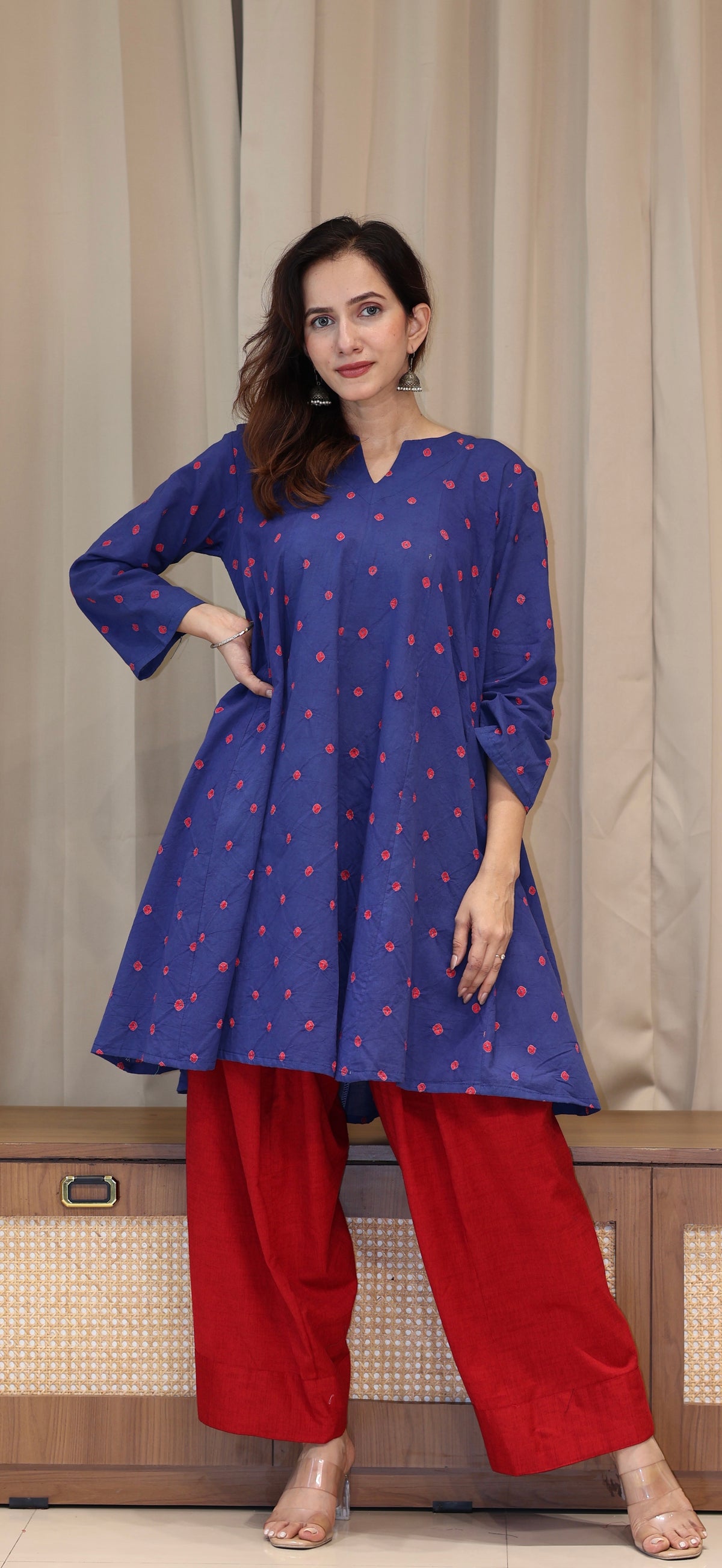 Blue-Red Bandhani Pure Cotton Kali Kurta