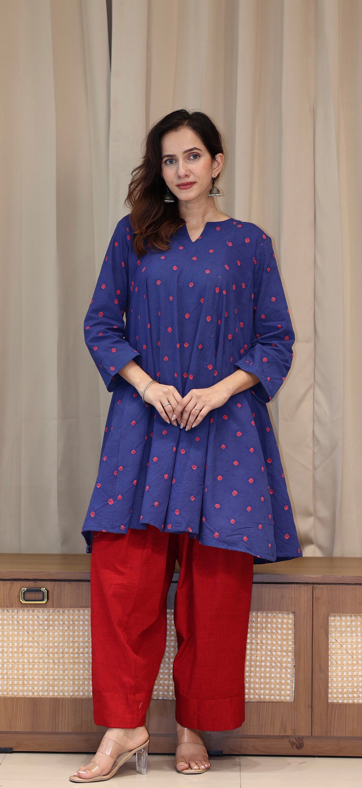 Blue-Red Bandhani Pure Cotton Kali Kurta