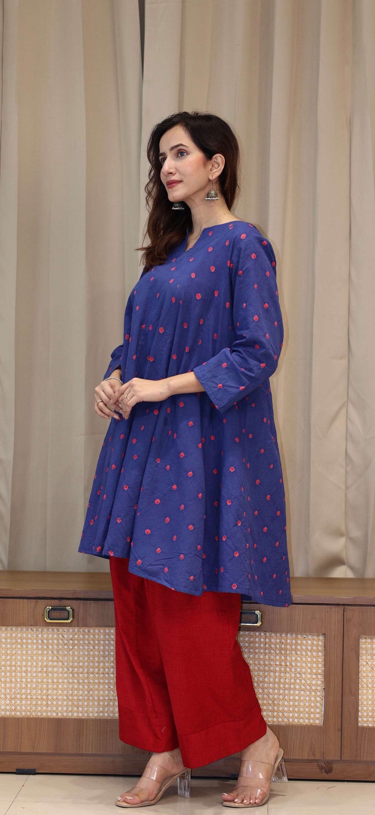 Blue-Red Bandhani Pure Cotton Kali Kurta