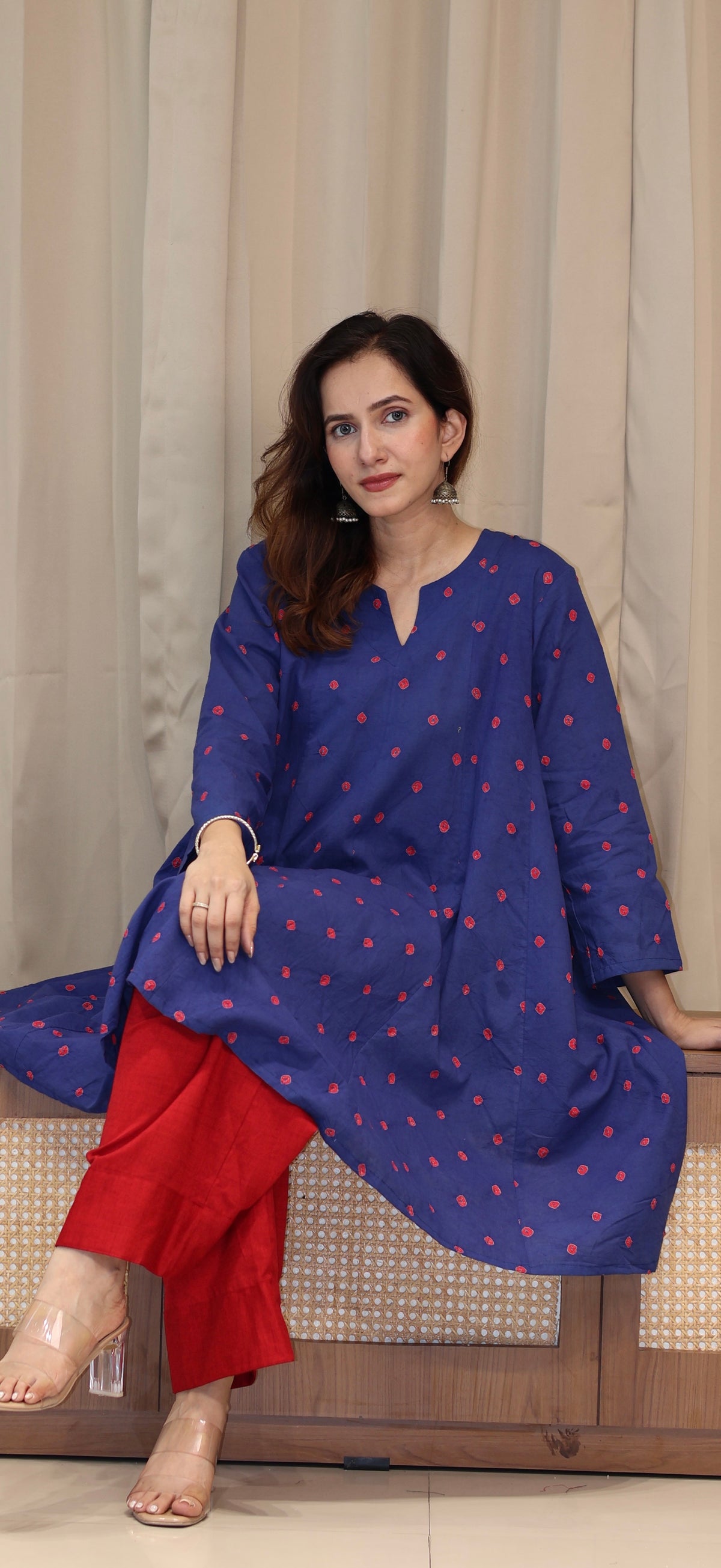 Blue-Red Bandhani Pure Cotton Kali Kurta