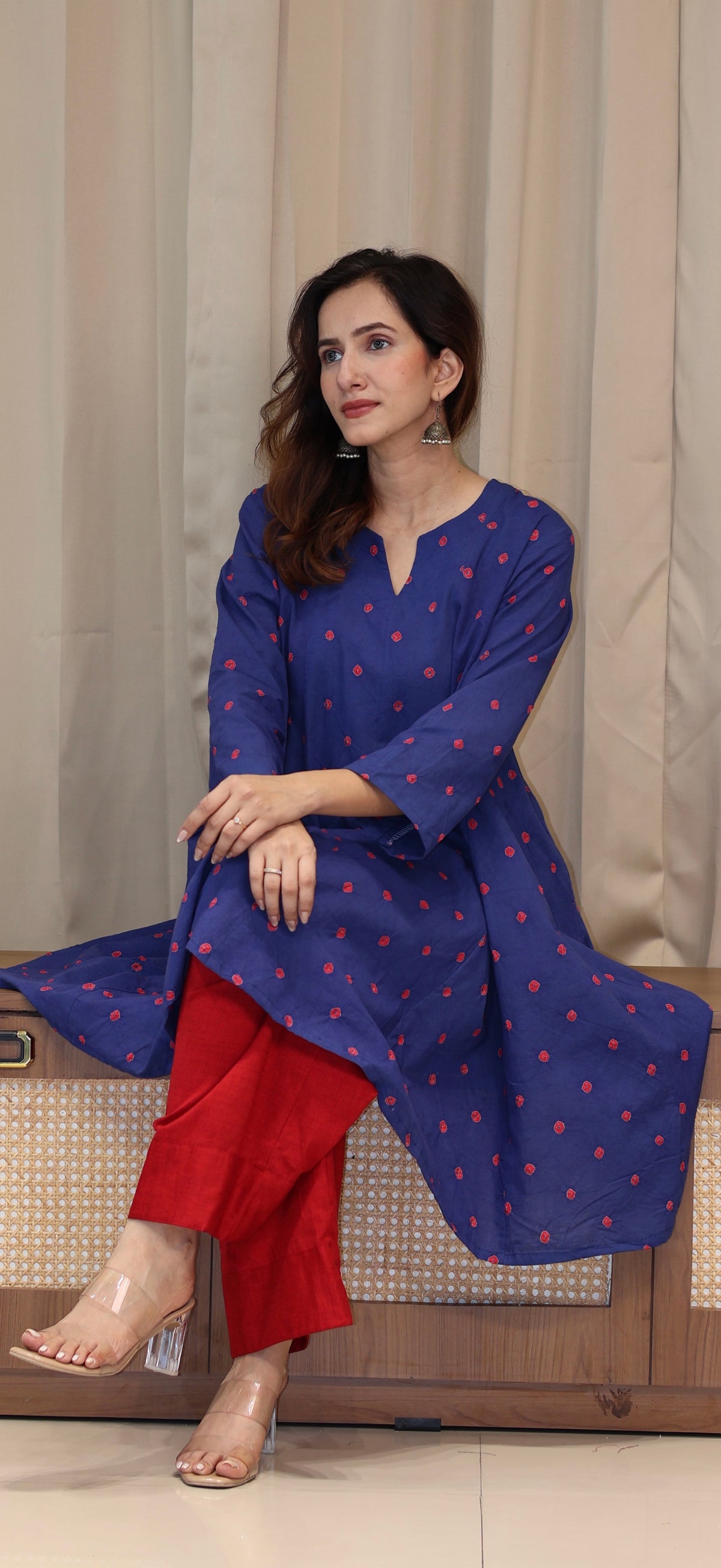 Blue-Red Bandhani Pure Cotton Kali Kurta