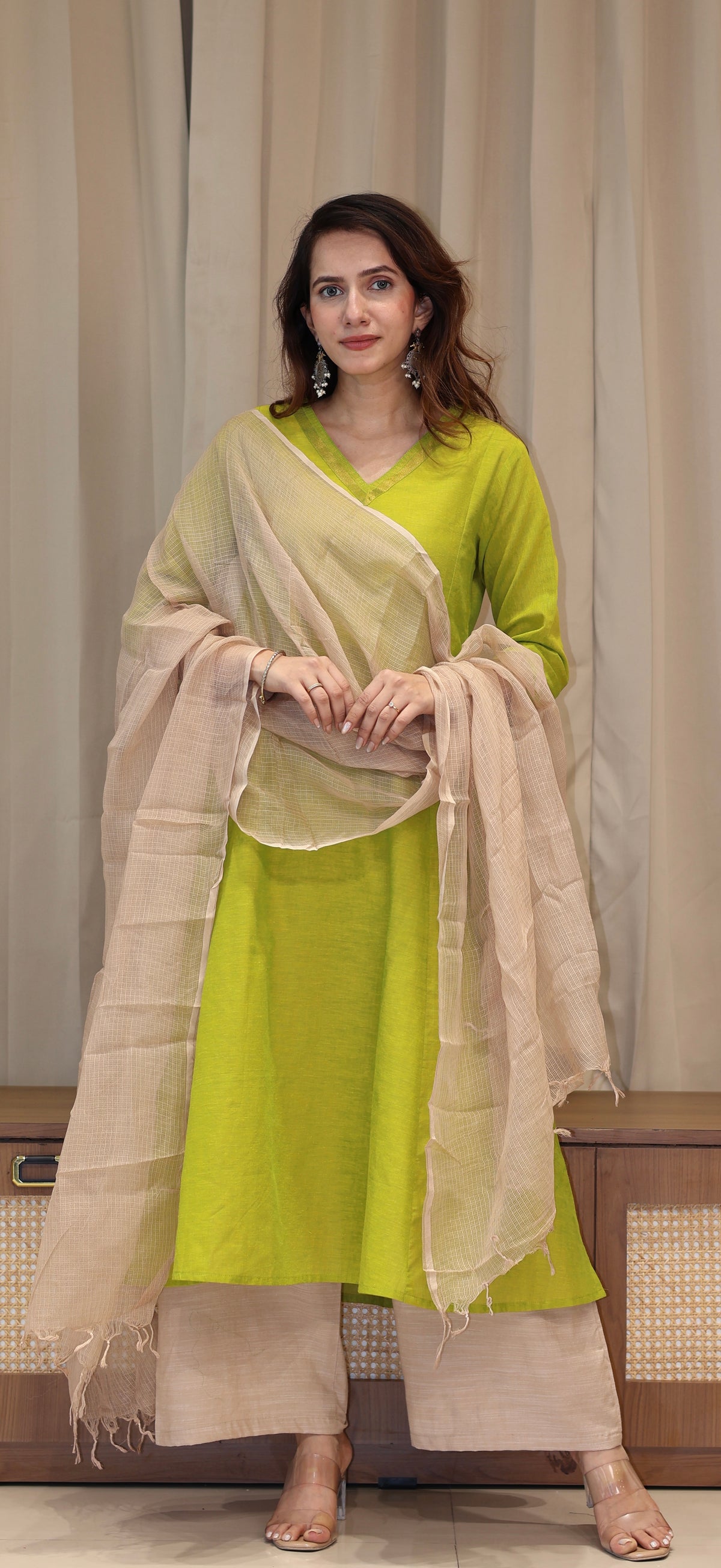 Arva Mangalgiri Cotton Kali Kurta With Nizam Border - Lime Green