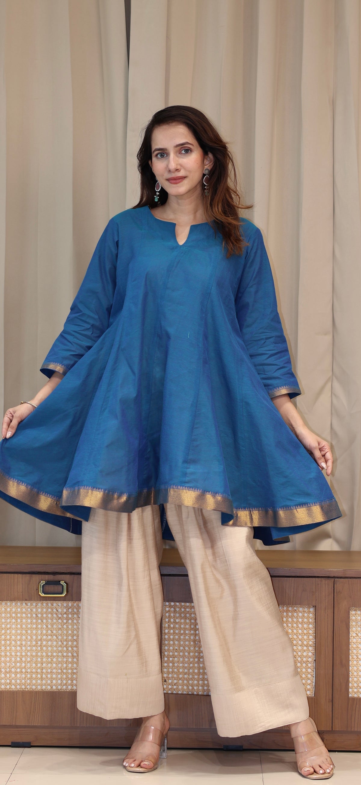 Aanchal Mangalgiri Cotton Kali Kurta Set With Nizam Border - Blue