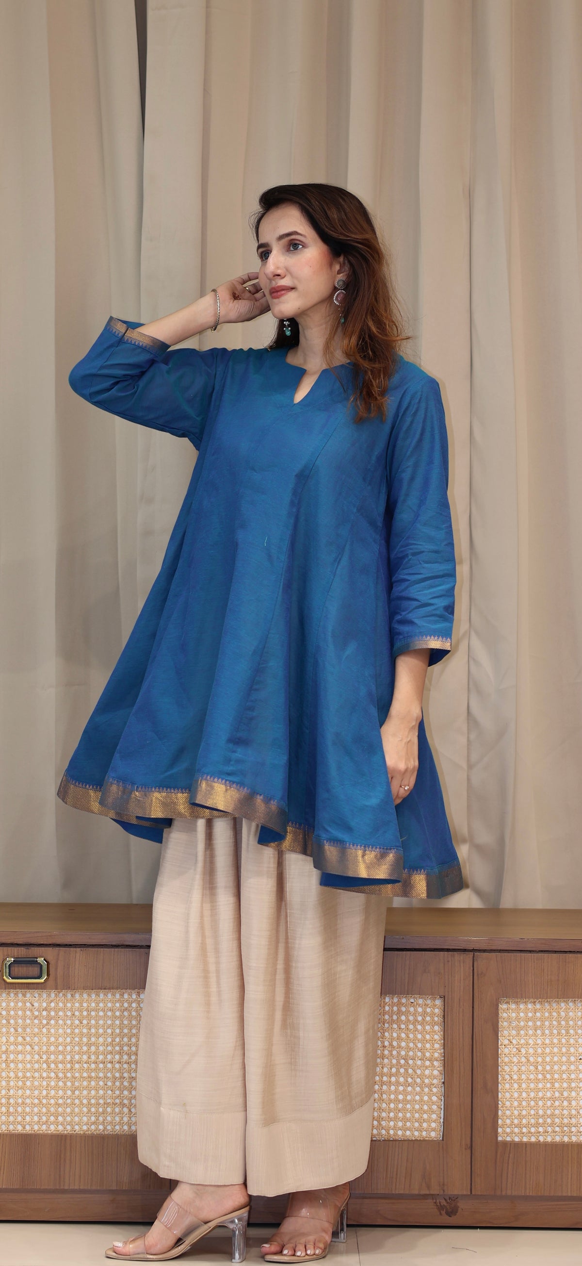 Aanchal Mangalgiri Cotton Kali Kurta Set With Nizam Border - Blue
