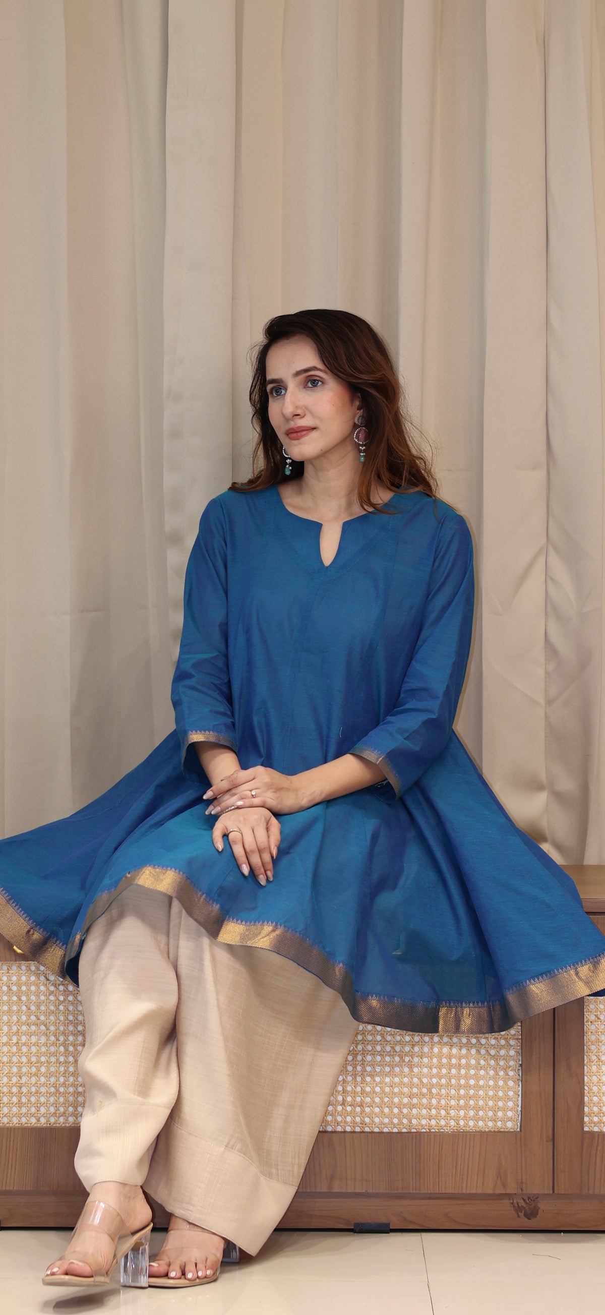 Aanchal Mangalgiri Cotton Kali Kurta Set With Nizam Border - Blue