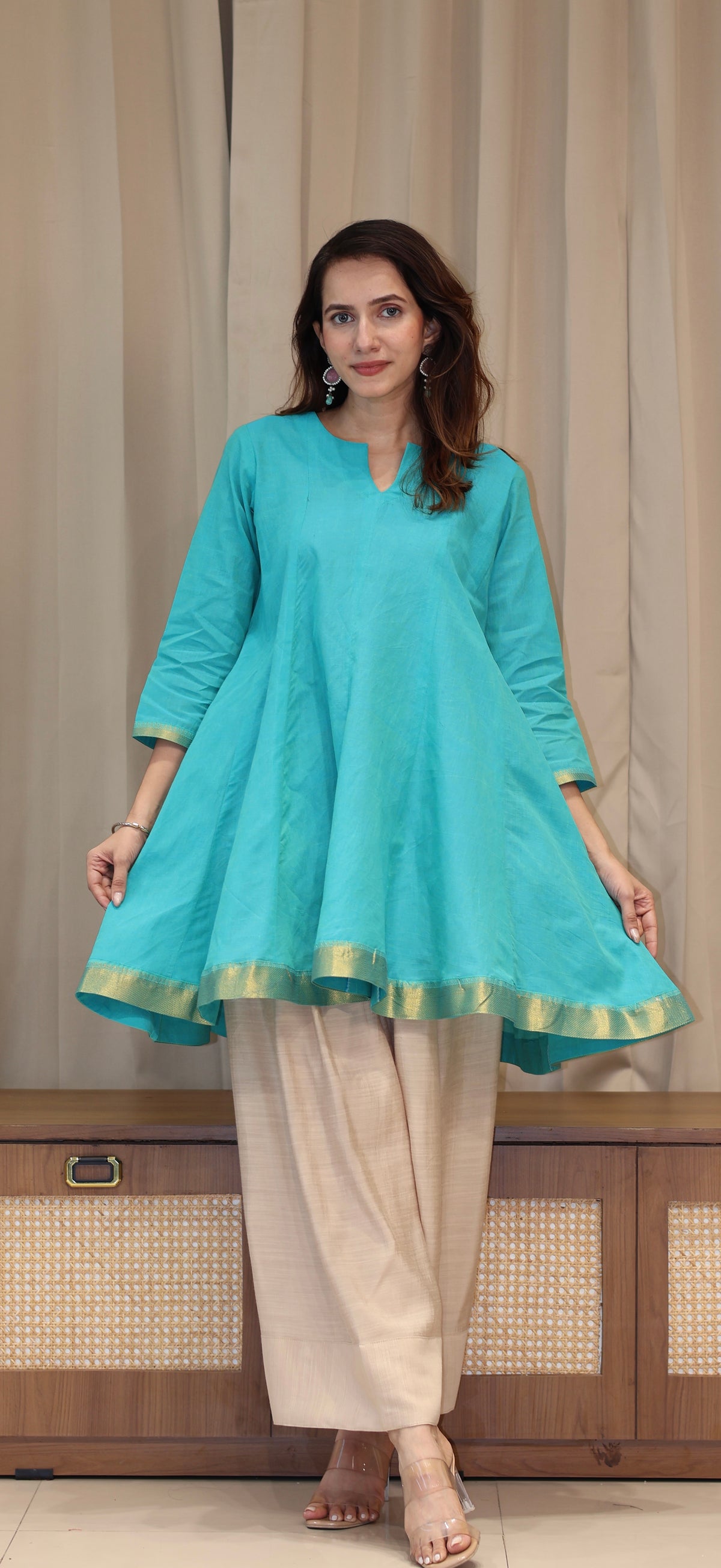 Manali Mangalgiri Cotton Kali Kurta Set With Nizam Border - Turquoise