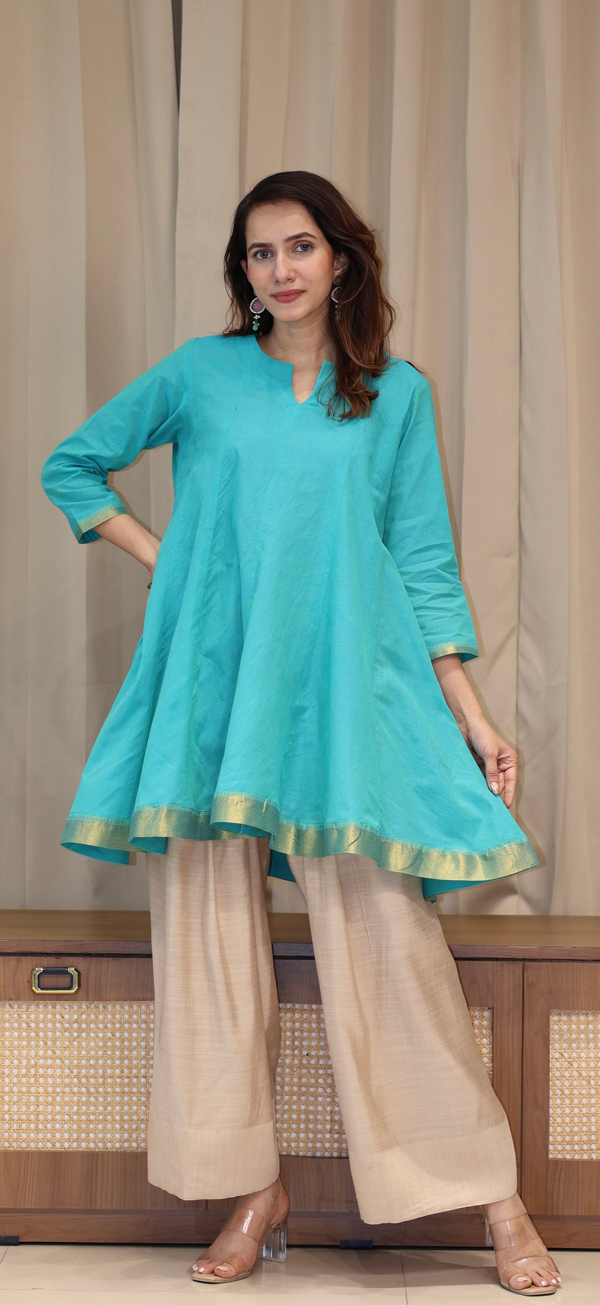 Manali Mangalgiri Cotton Kali Kurta Set With Nizam Border - Turquoise