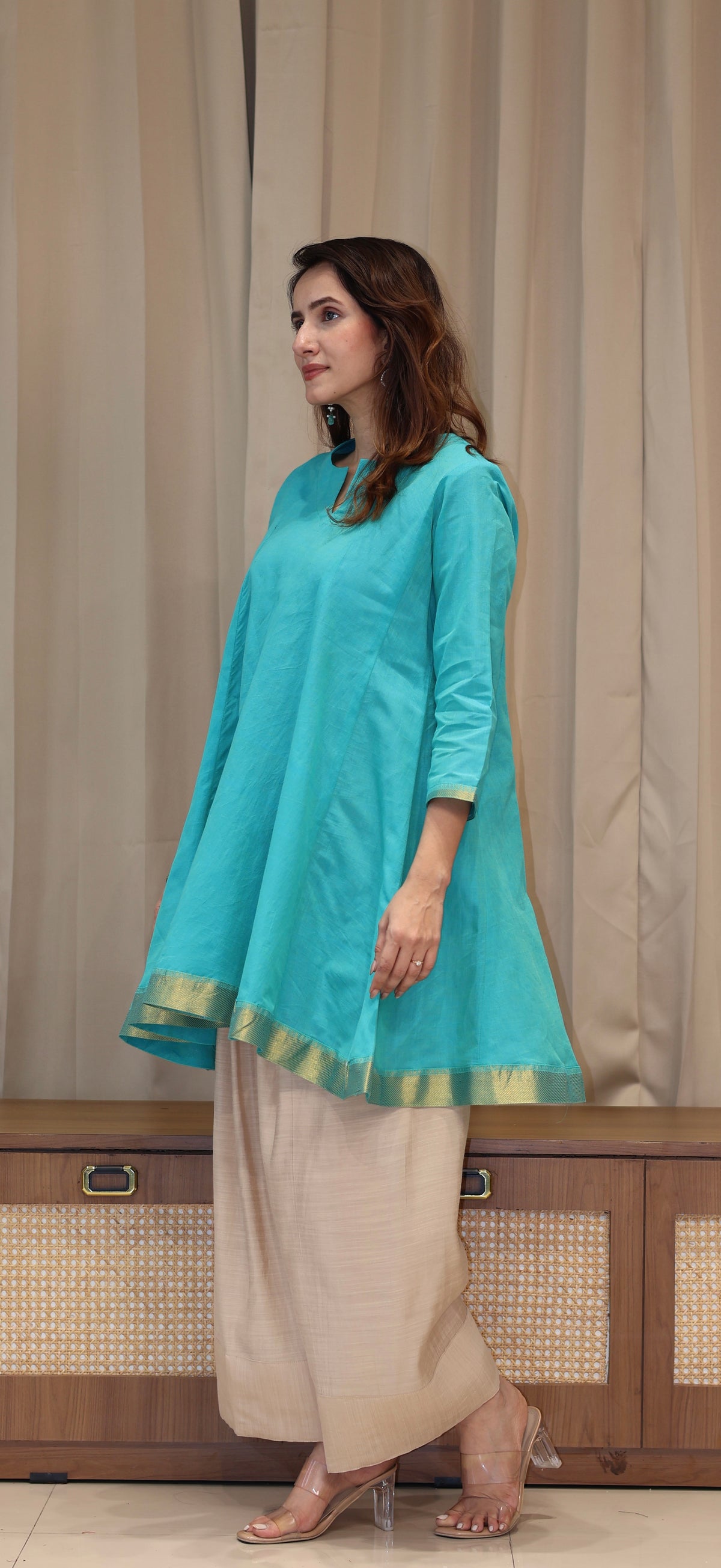 Manali Mangalgiri Cotton Kali Kurta Set With Nizam Border - Turquoise