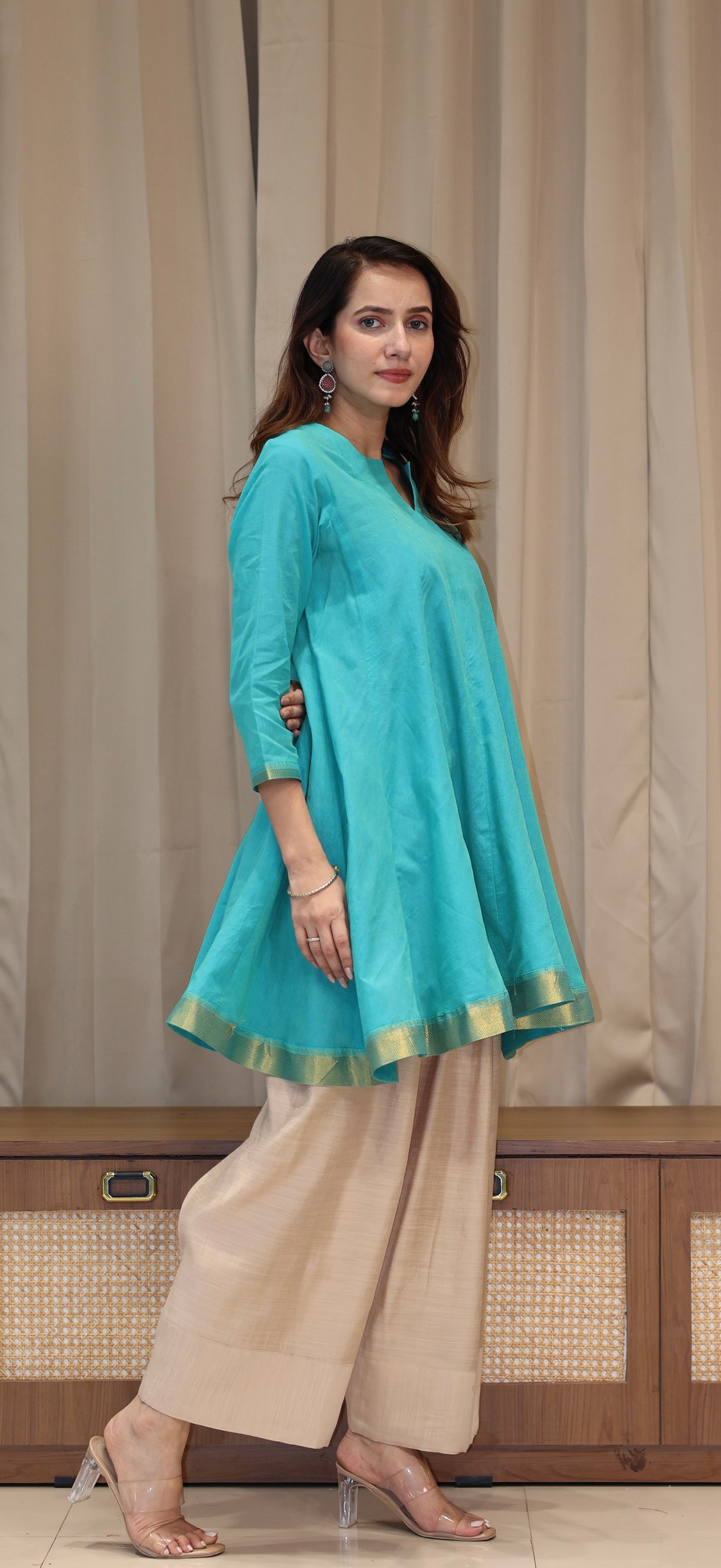 Manali Mangalgiri Cotton Kali Kurta Set With Nizam Border - Turquoise
