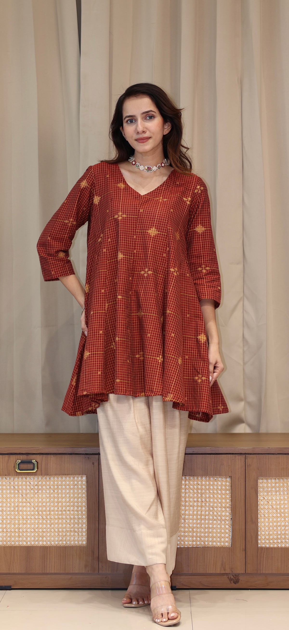 Zeenat Zari Handwoven Cotton Kali Kurta Set  - Maroon