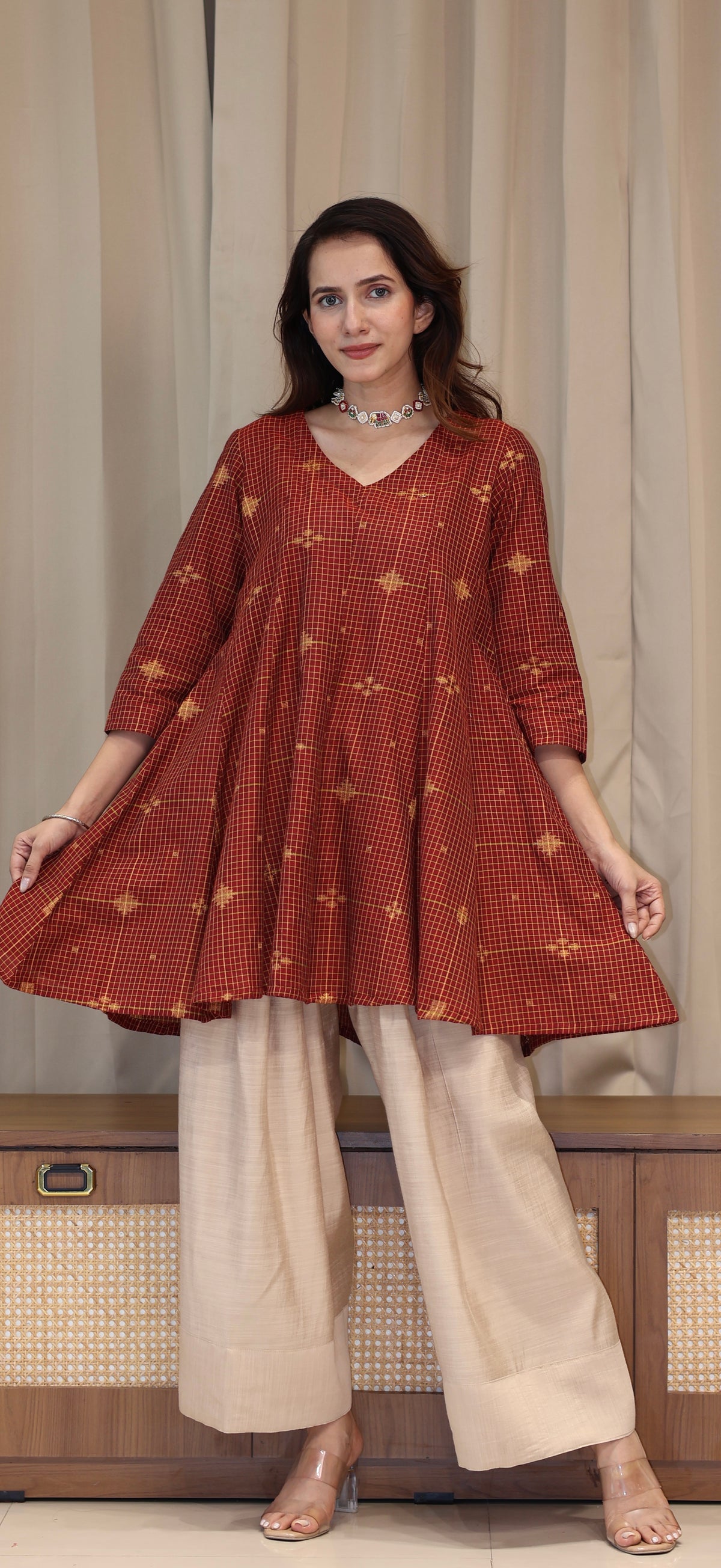 Zeenat Zari Handwoven Cotton Kali Kurta Set  - Maroon