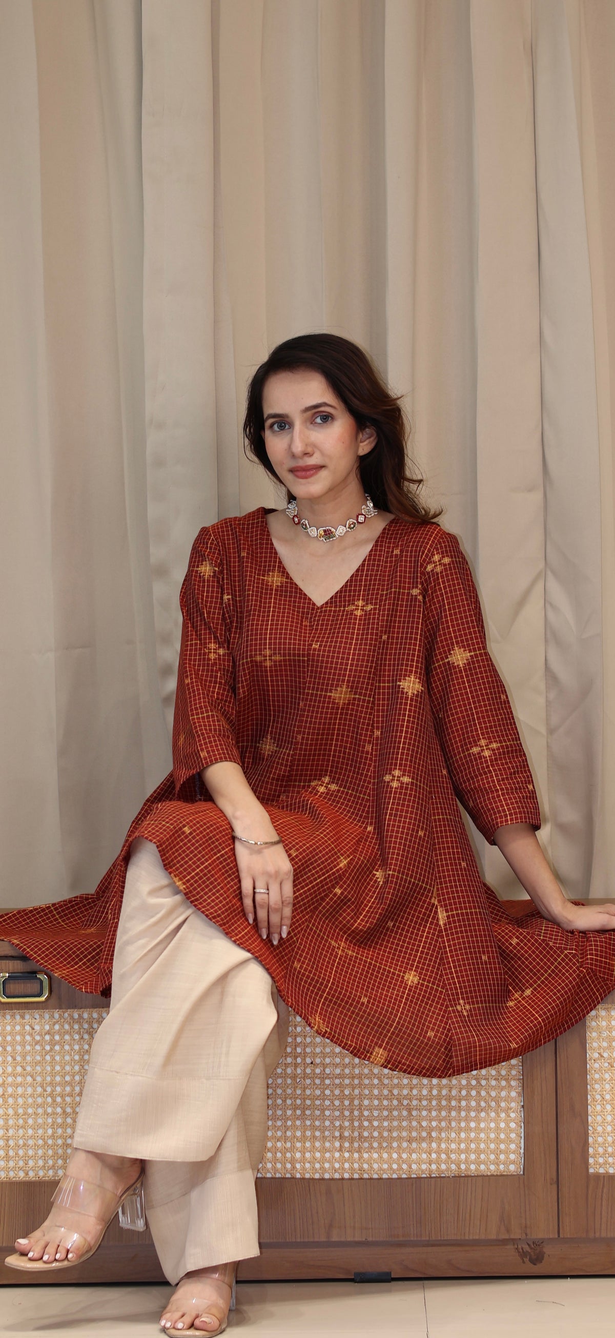 Zeenat Zari Handwoven Cotton Kali Kurta Set  - Maroon