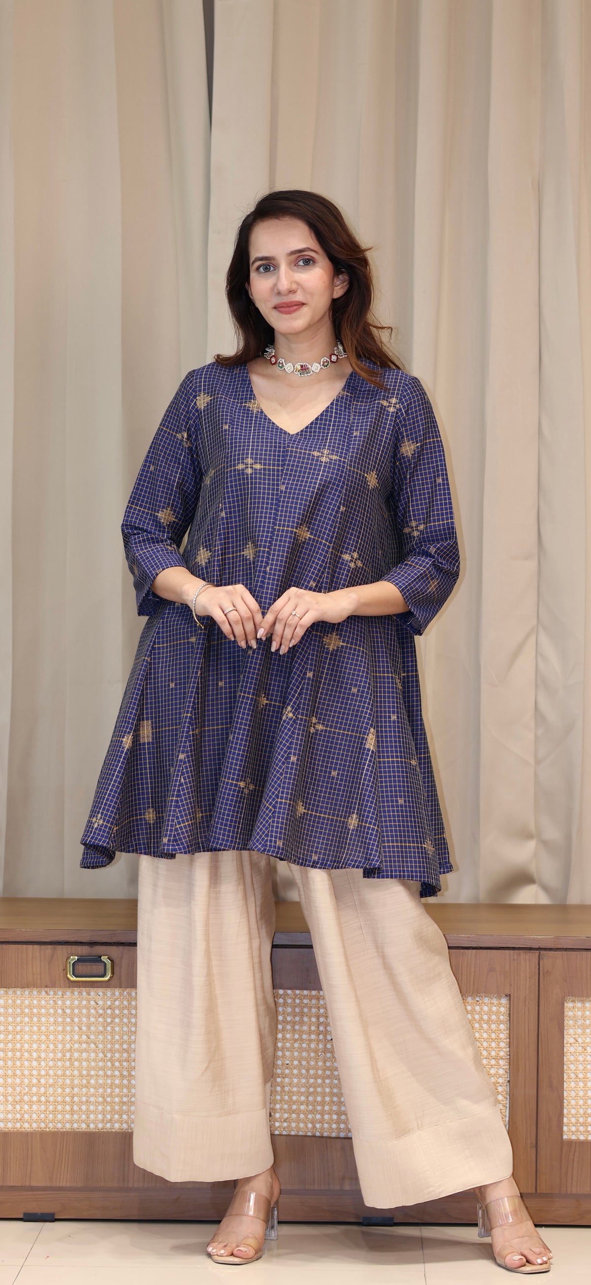 Chaitali Zari Handwoven Cotton Kali Kurta Set  - Navy Blue