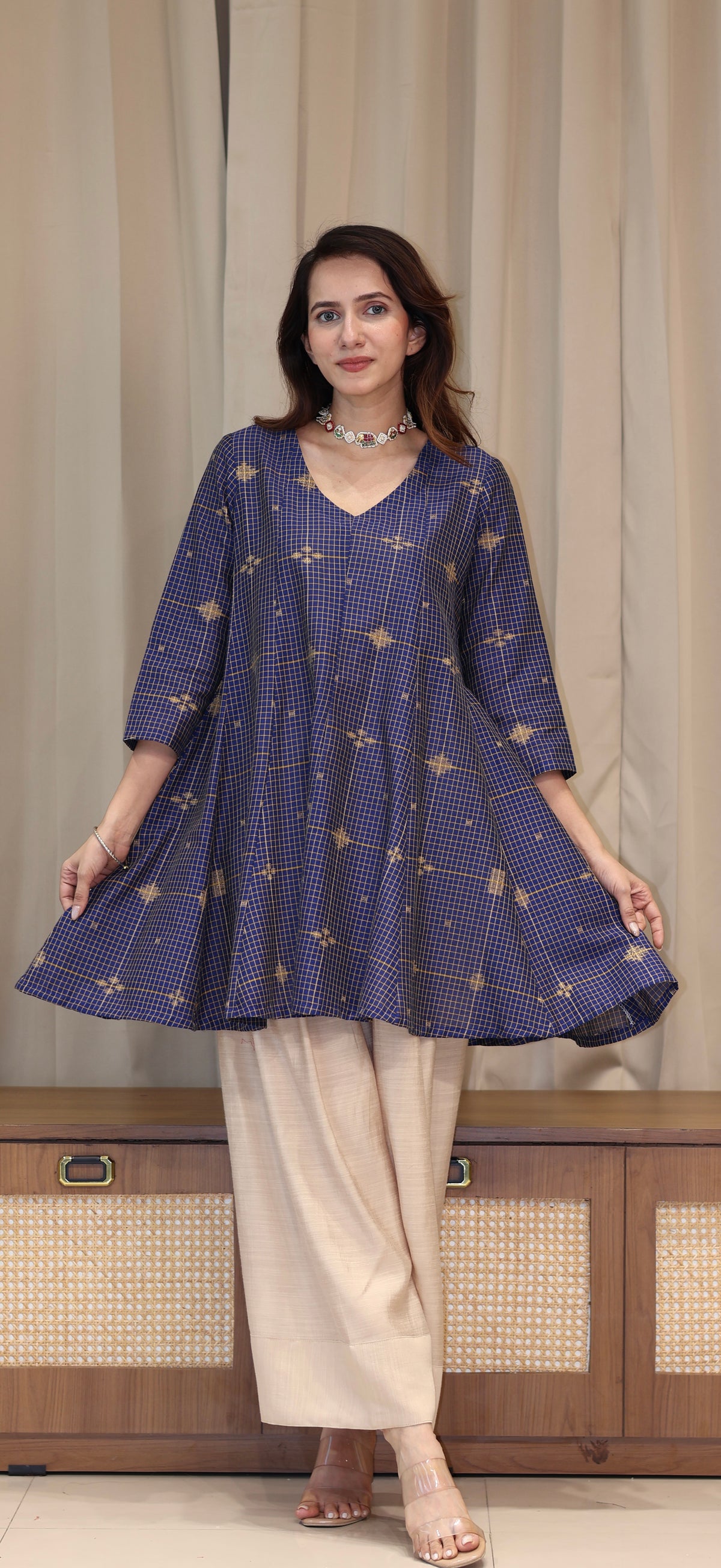 Chaitali Zari Handwoven Cotton Kali Kurta Set  - Navy Blue