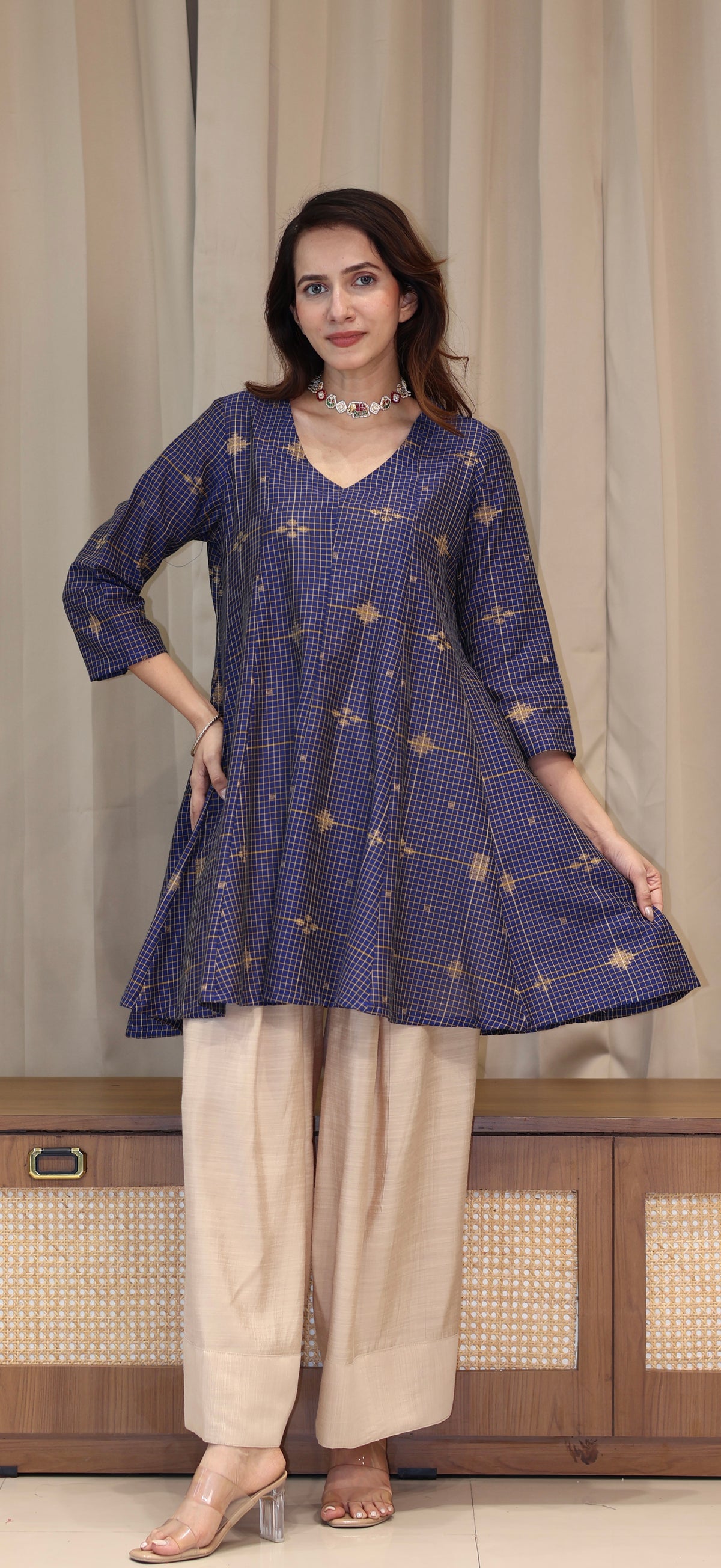 Chaitali Zari Handwoven Cotton Kali Kurta Set  - Navy Blue
