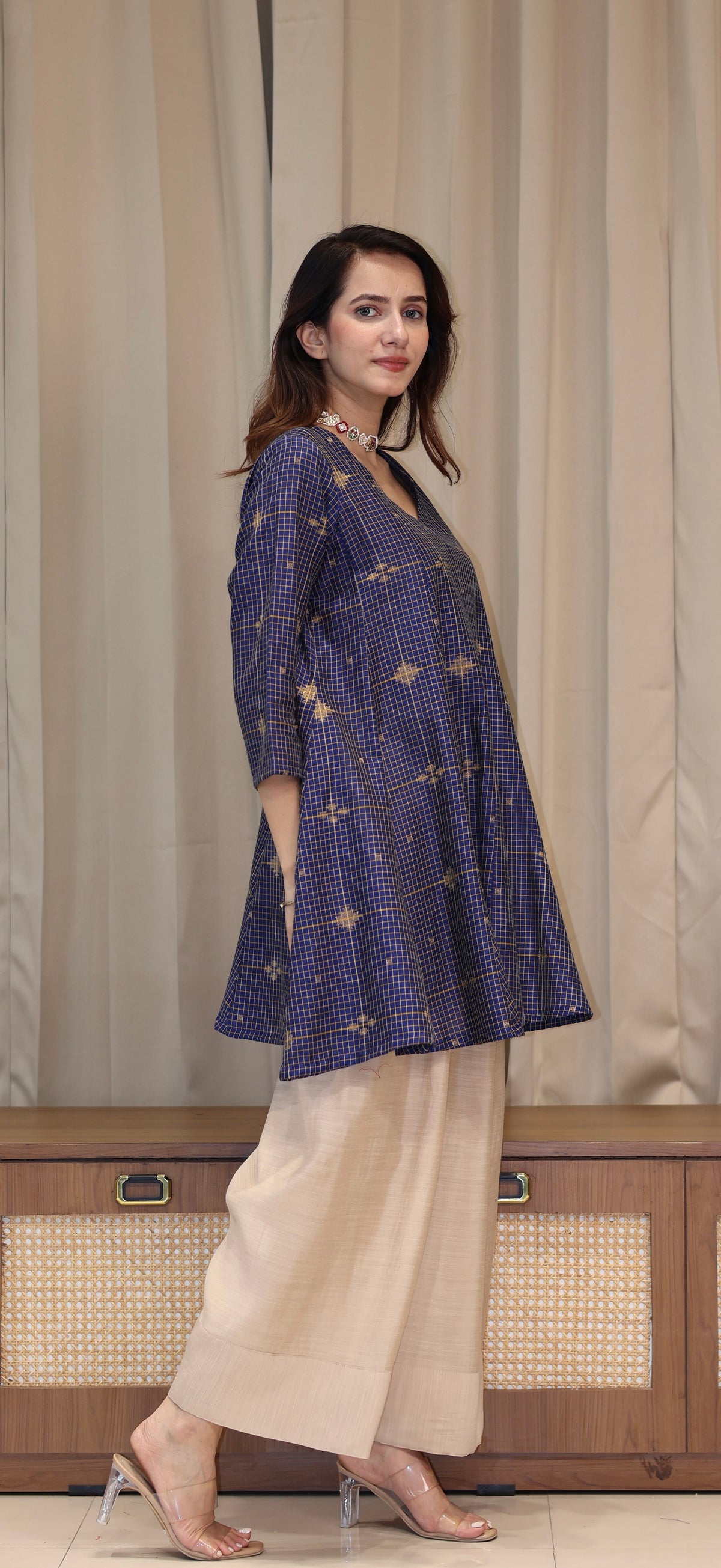 Chaitali Zari Handwoven Cotton Kali Kurta Set  - Navy Blue