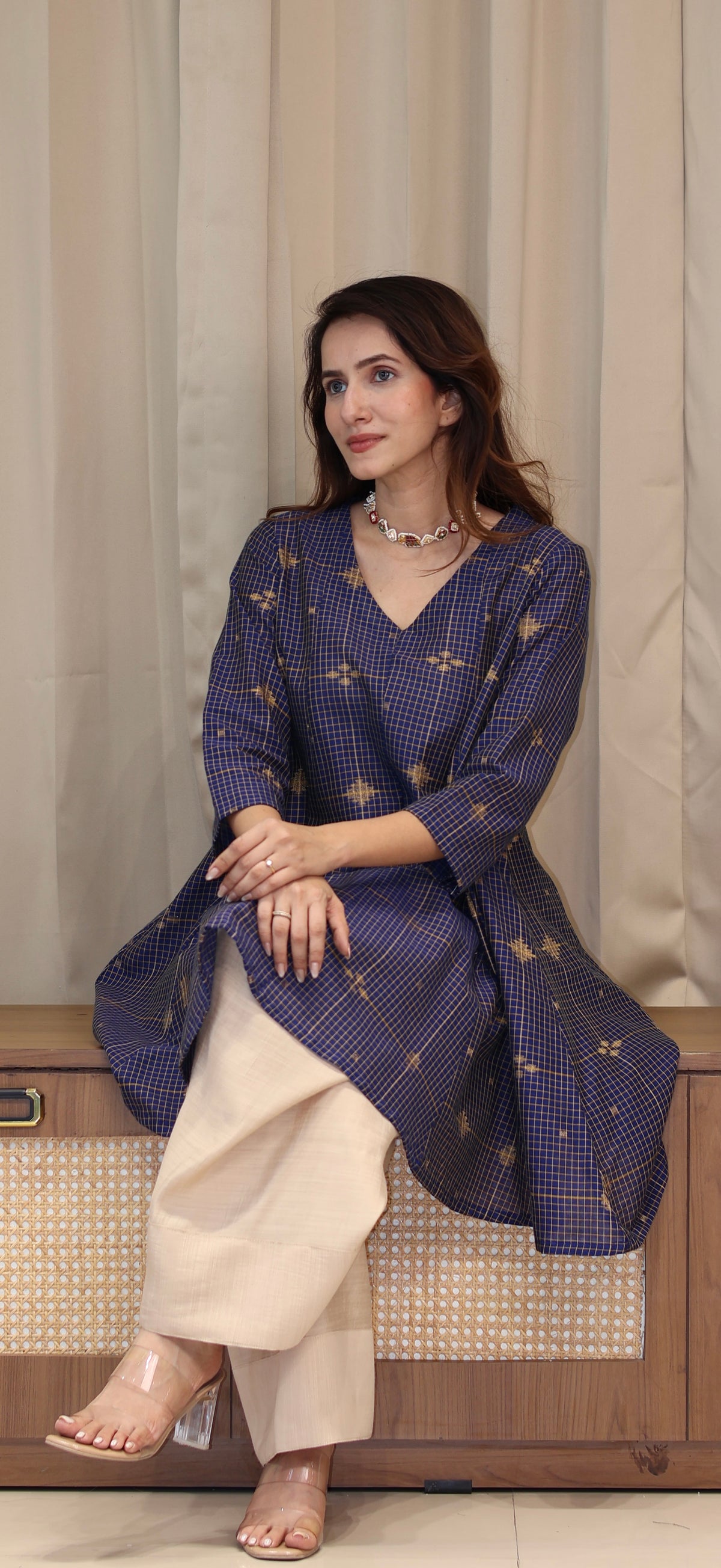 Chaitali Zari Handwoven Cotton Kali Kurta Set  - Navy Blue
