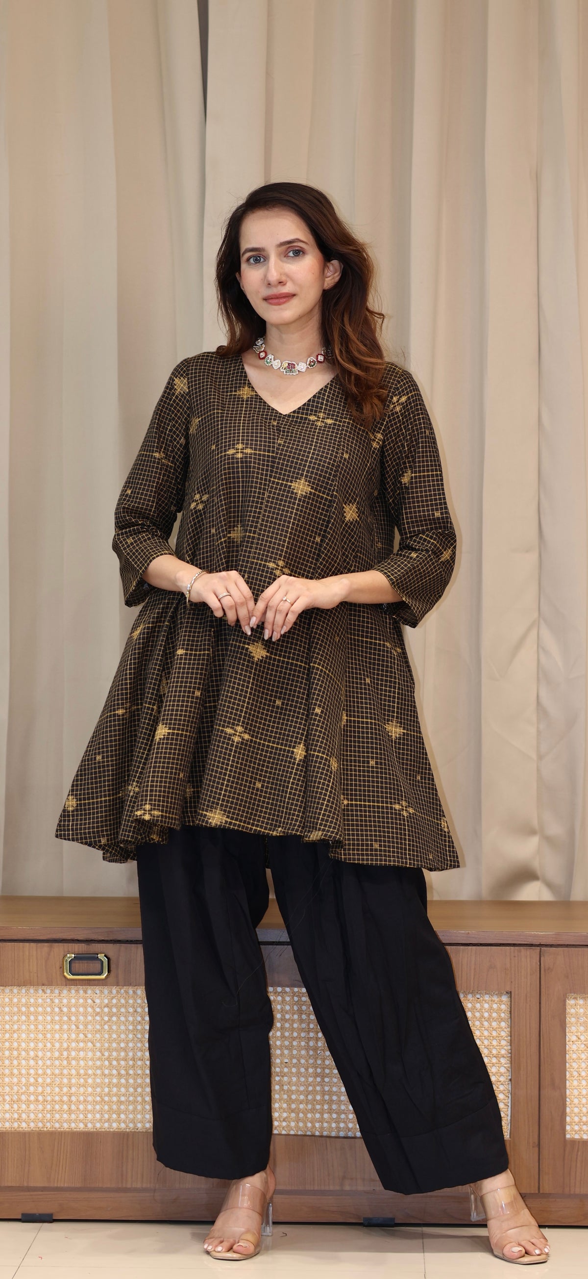 Paakiza Zari Handwoven Cotton Kali Kurta Set  - Black