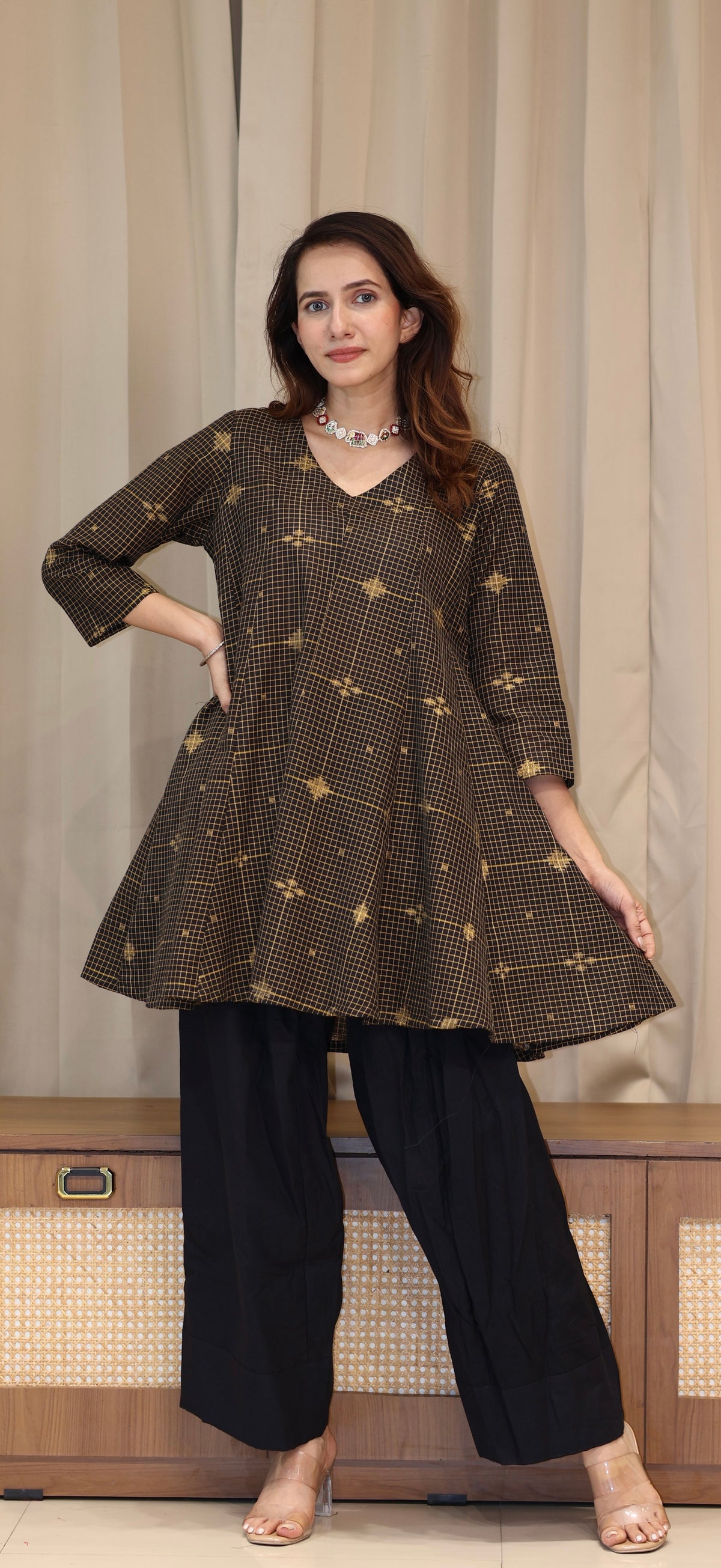 Paakiza Zari Handwoven Cotton Kali Kurta Set  - Black