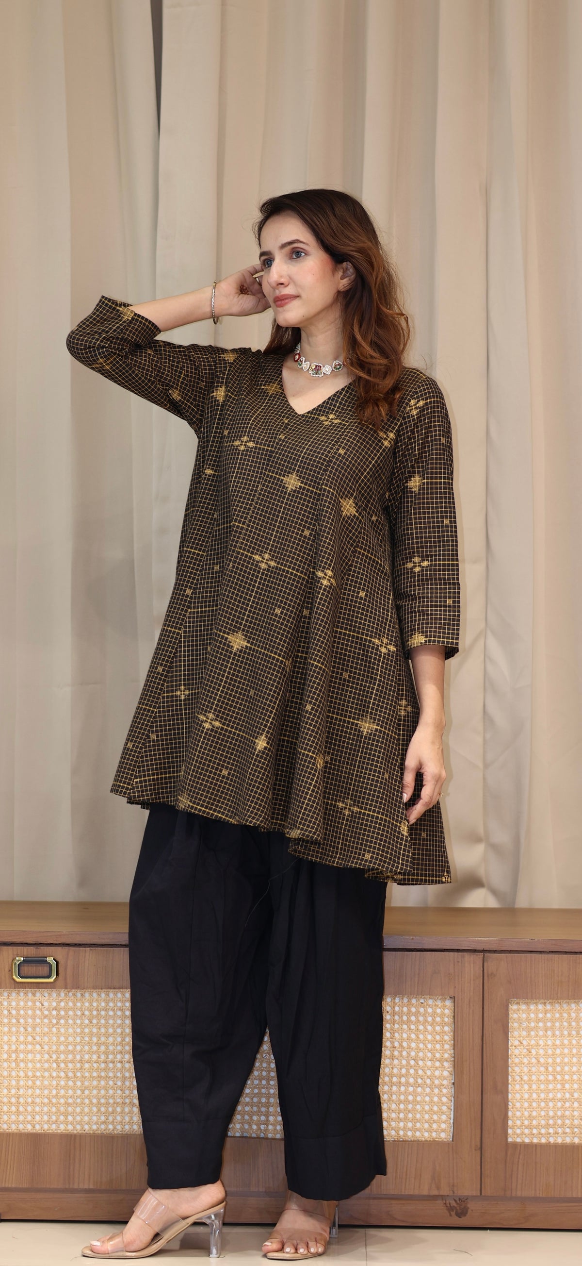 Paakiza Zari Handwoven Cotton Kali Kurta Set  - Black