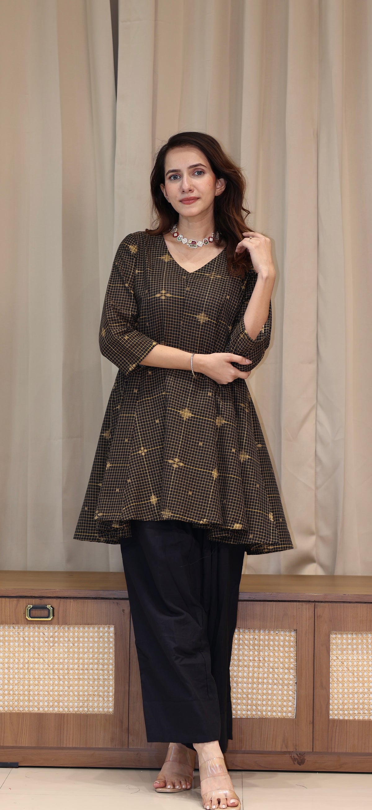Paakiza Zari Handwoven Cotton Kali Kurta Set  - Black
