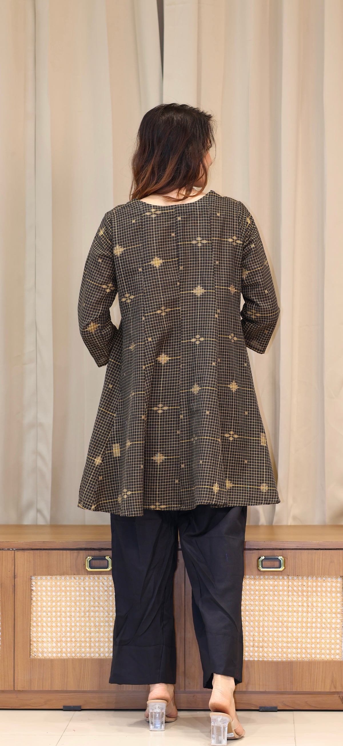 Paakiza Zari Handwoven Cotton Kali Kurta Set  - Black