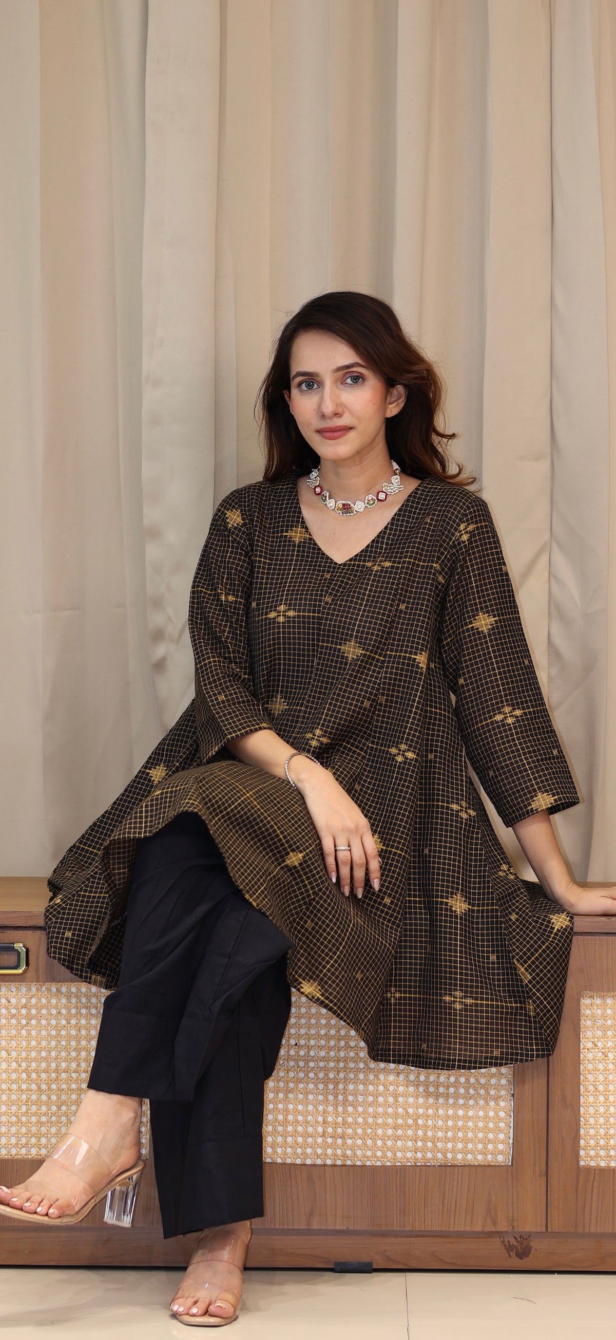 Paakiza Zari Handwoven Cotton Kali Kurta Set  - Black