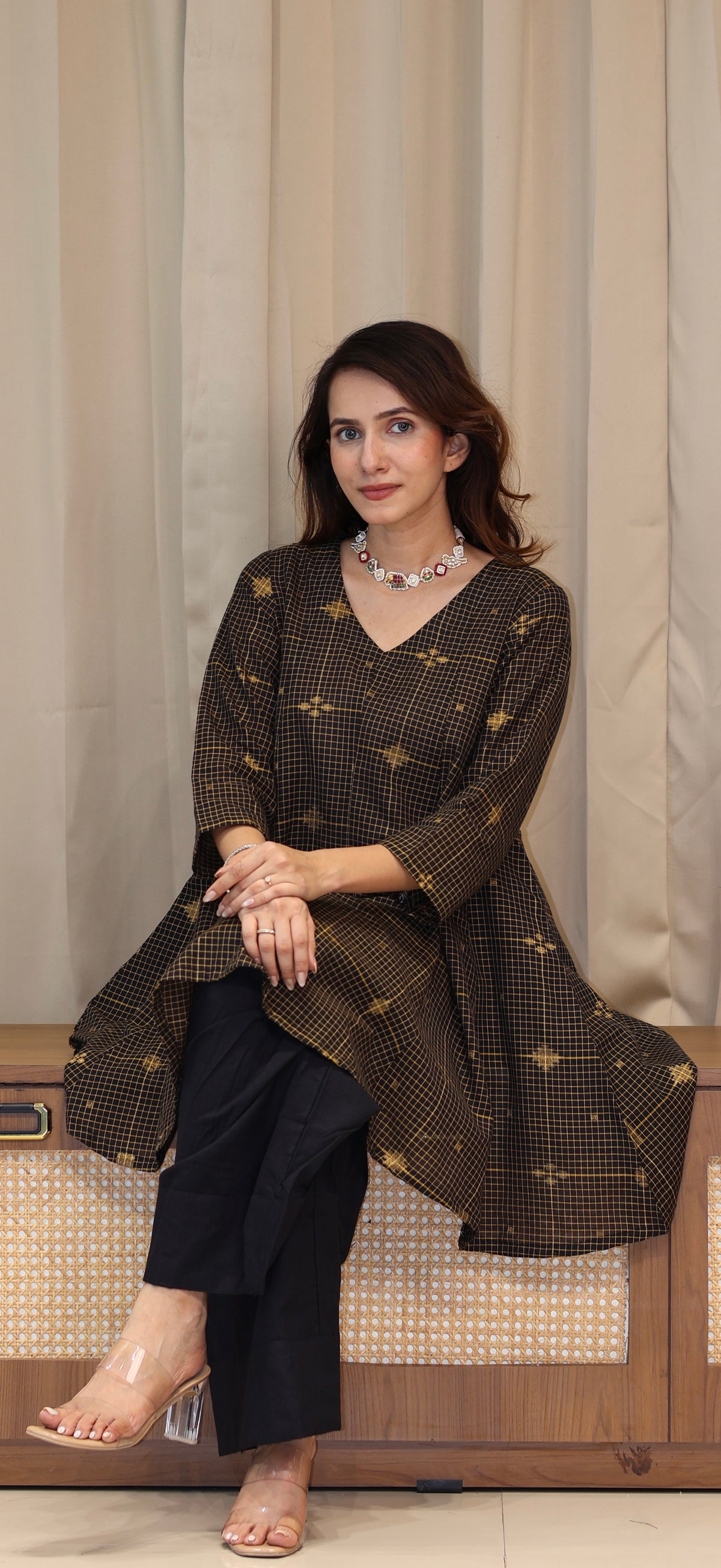 Paakiza Zari Handwoven Cotton Kali Kurta Set  - Black