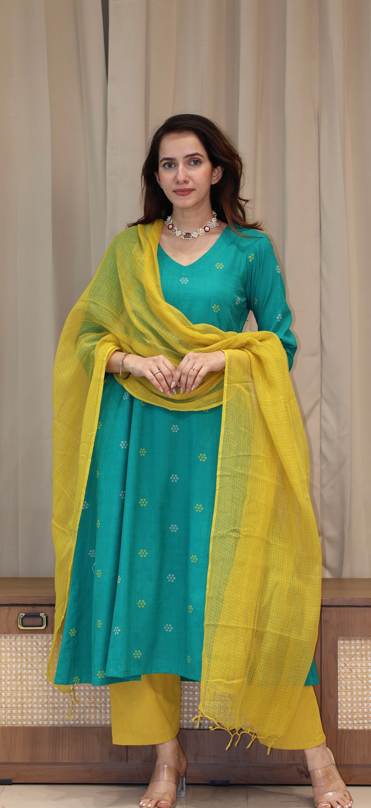 Nirjara Mercerised Cotton Handwoven Kurta - Turquoise