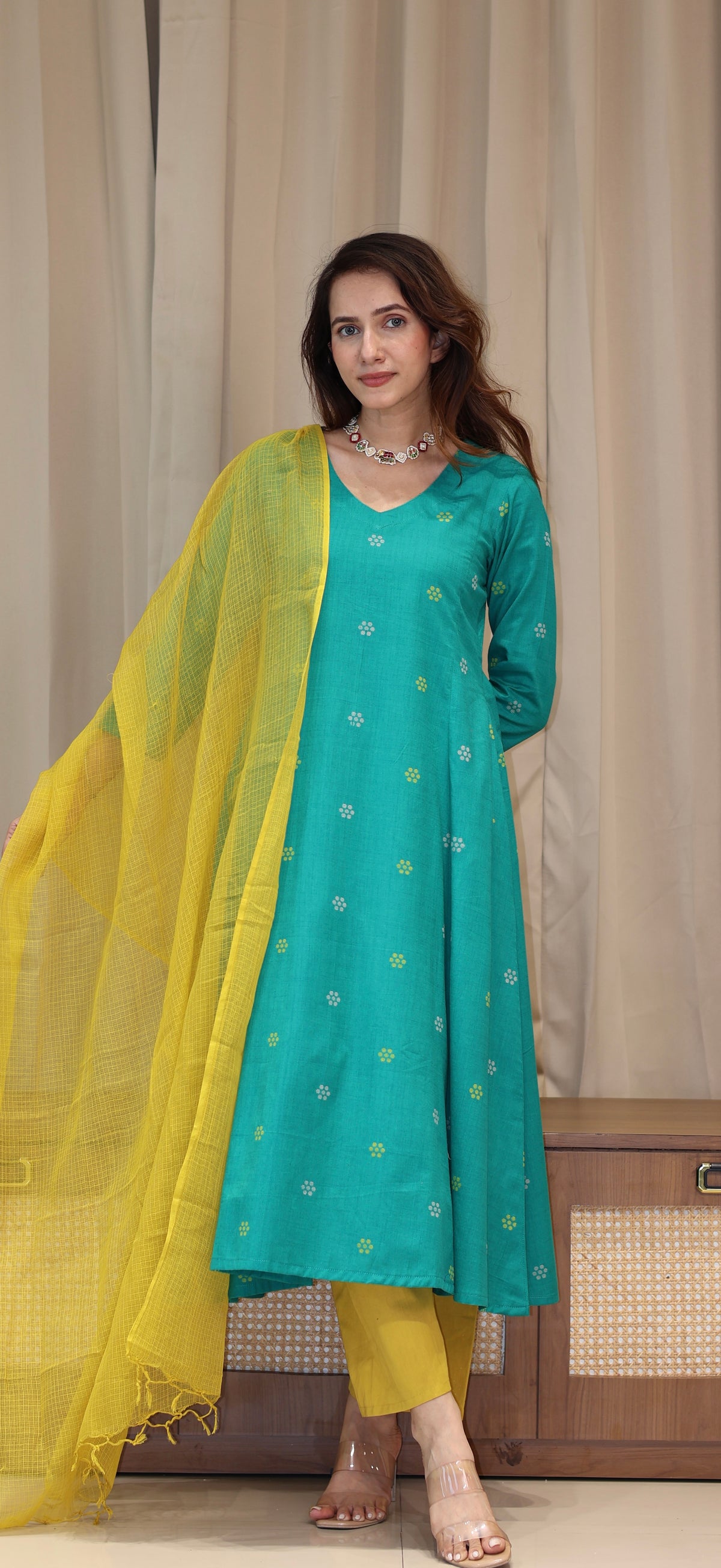 Nirjara Mercerised Cotton Handwoven Kurta - Turquoise