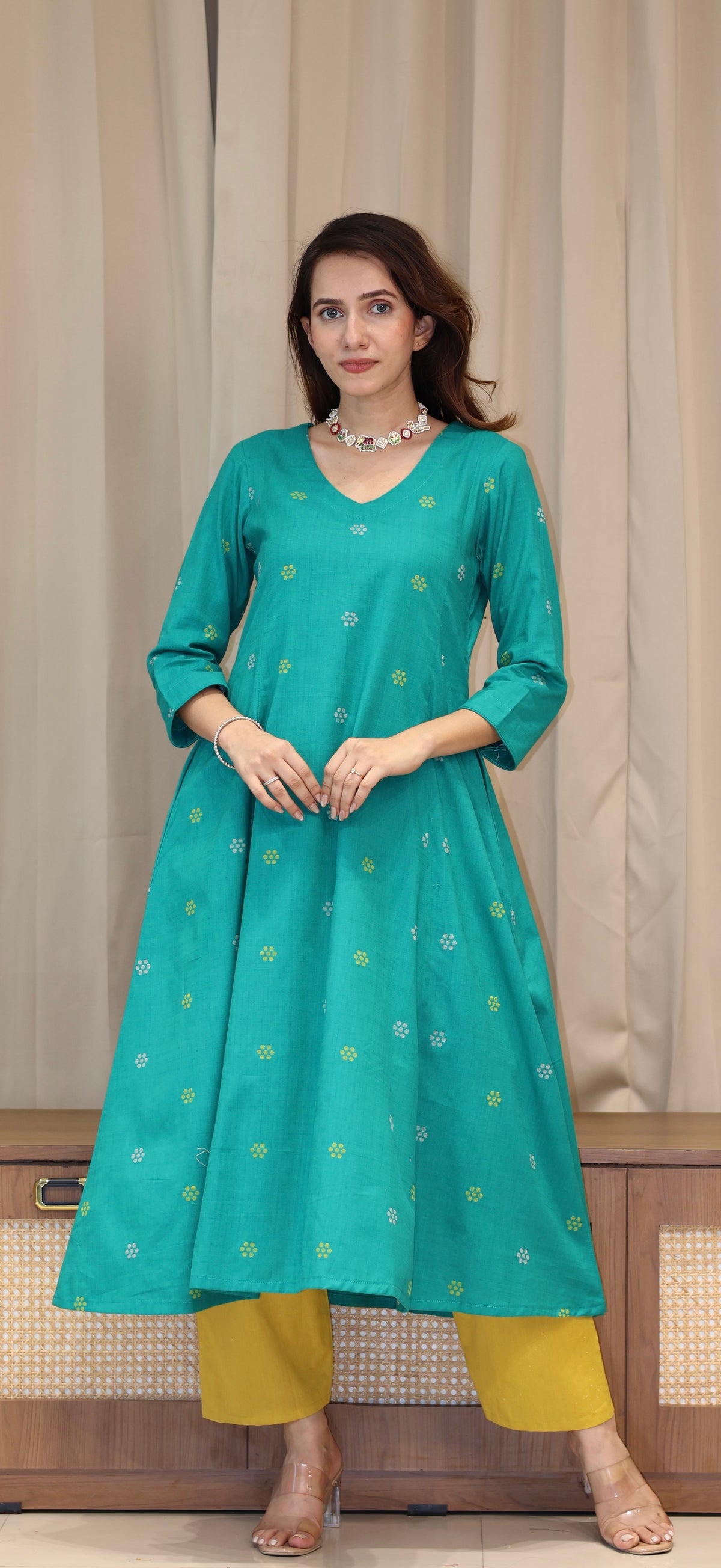 Nirjara Mercerised Cotton Handwoven Kurta - Turquoise