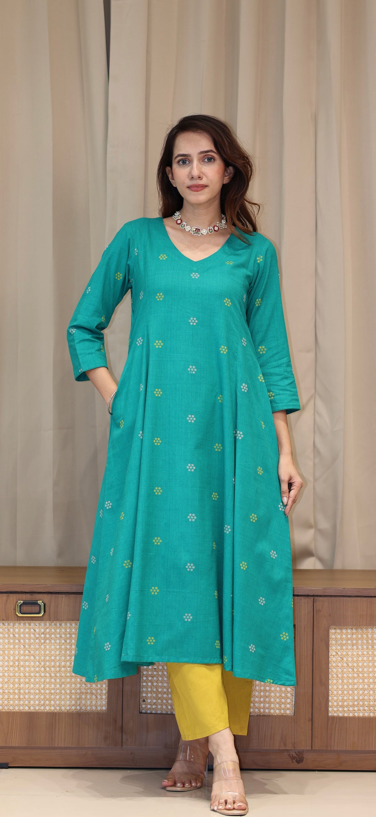 Nirjara Mercerised Cotton Handwoven Kurta - Turquoise