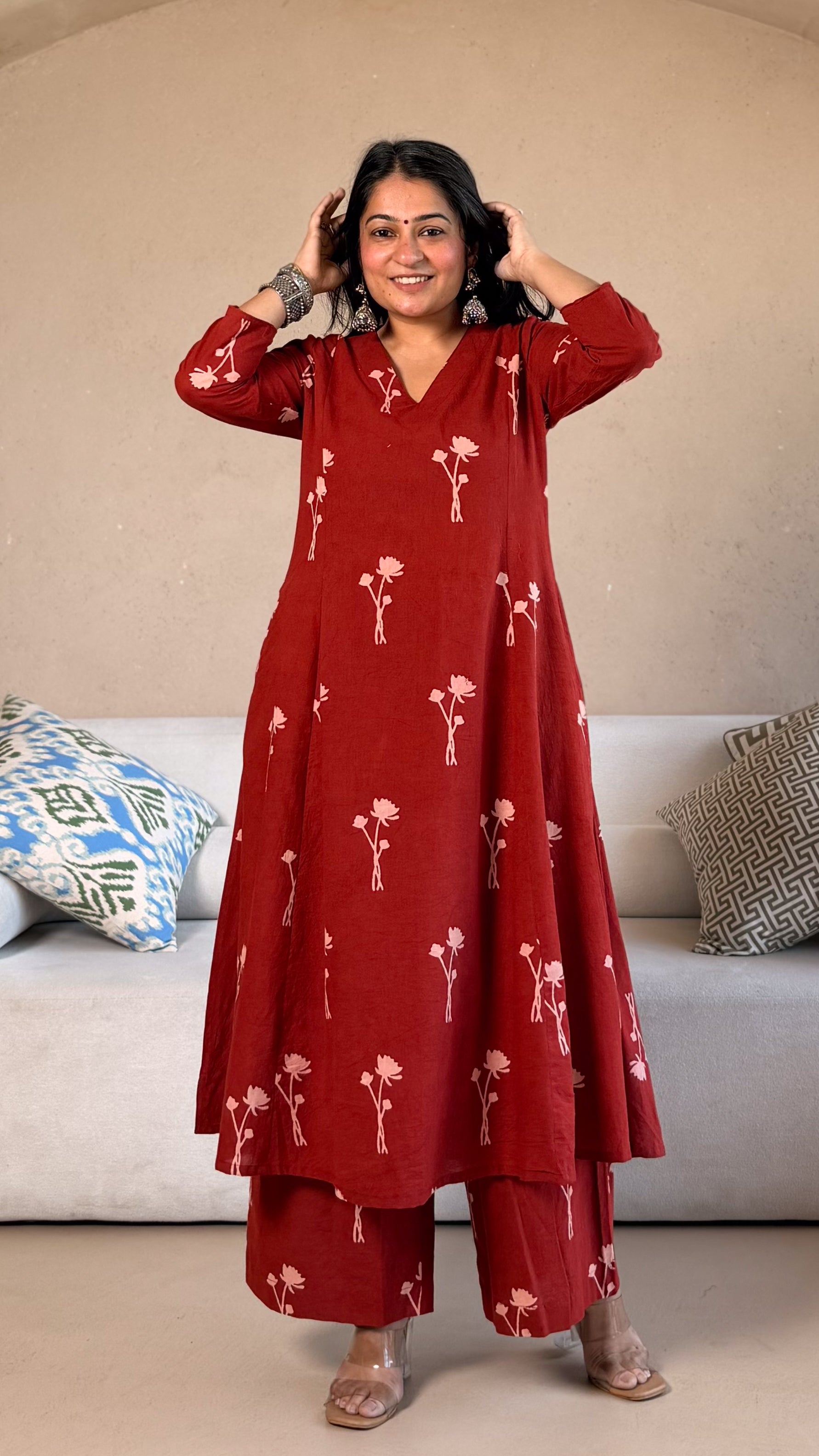 Sanaya Ajrakh Cotton Hand Block Kurta Set- Red