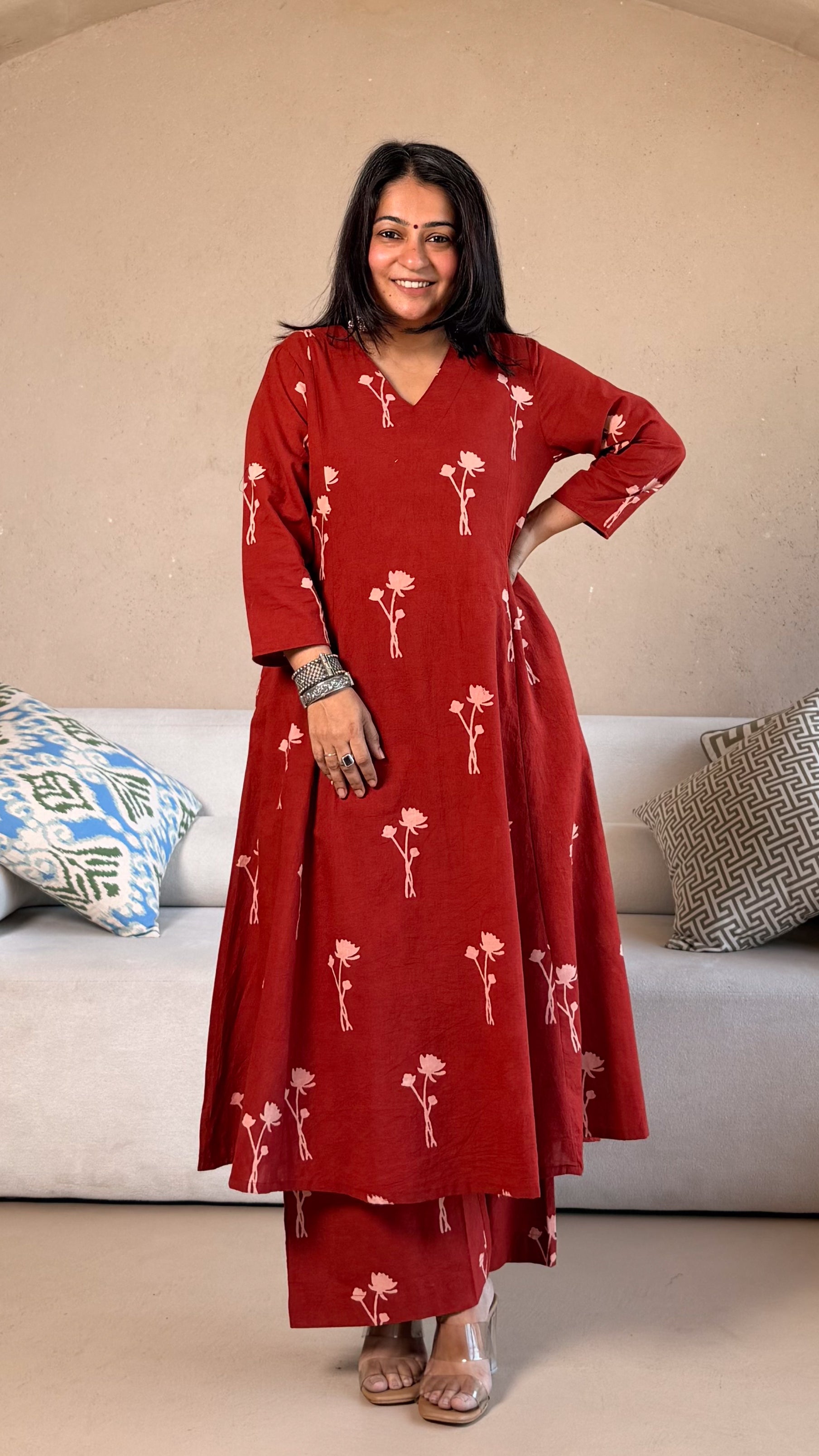 Sanaya Ajrakh Cotton Hand Block Kurta Set- Red