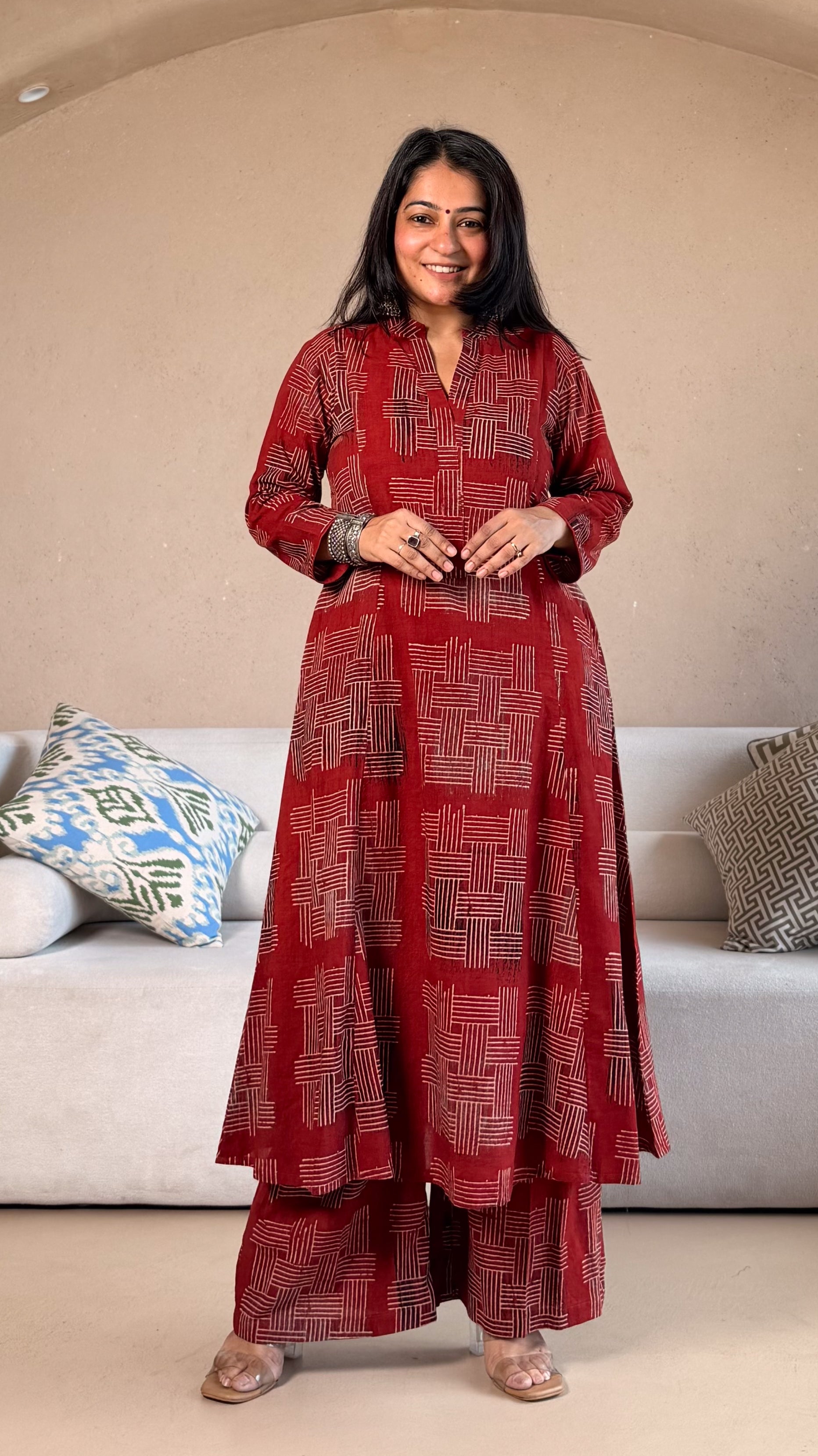 Radhika Ajrakh Cotton Hand Block Kurta Set- Red