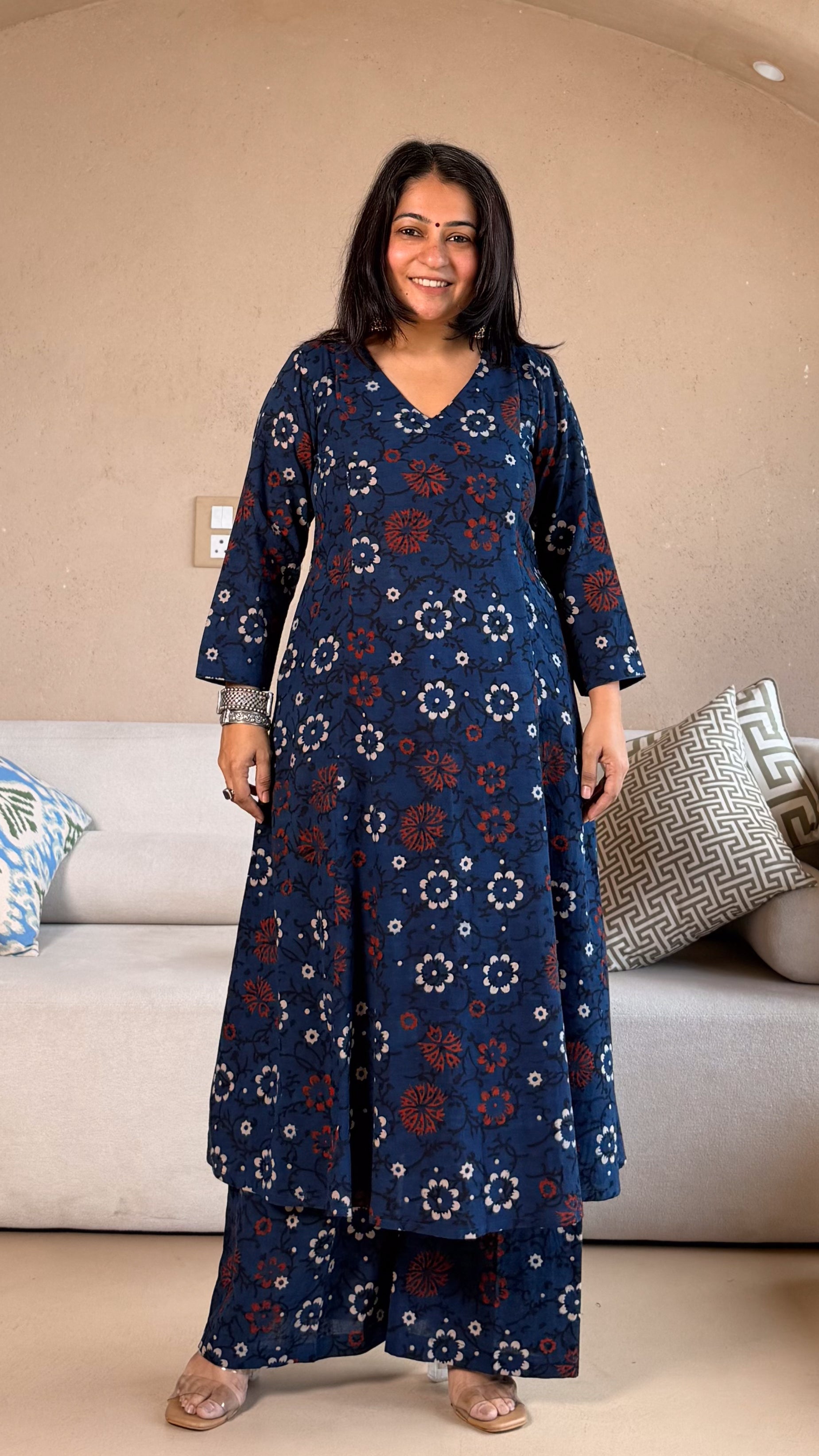Nysa Floral Ajrakh Cotton Hand Block Kurta Set- Indigo