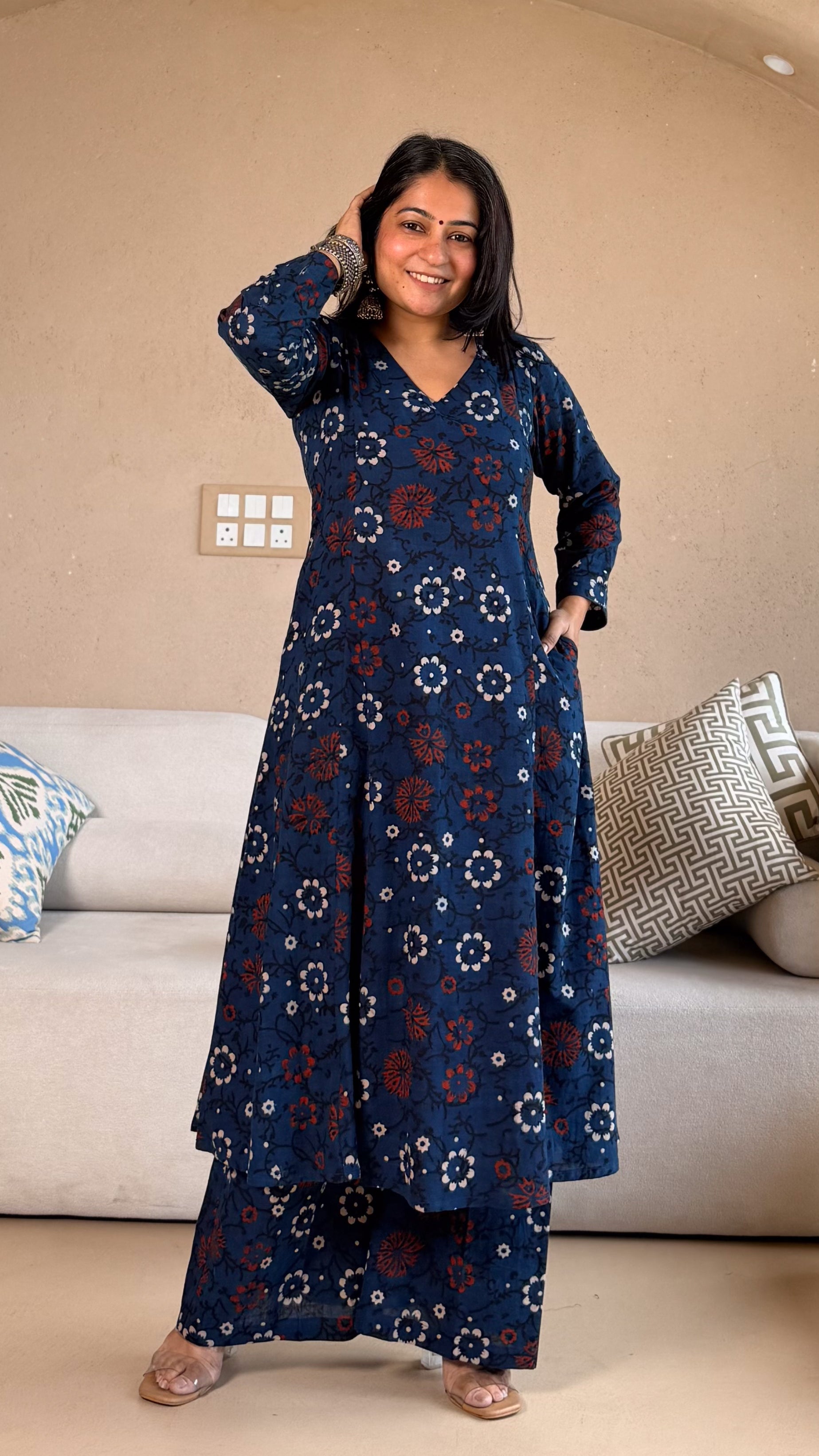 Nysa Floral Ajrakh Cotton Hand Block Kurta Set- Indigo