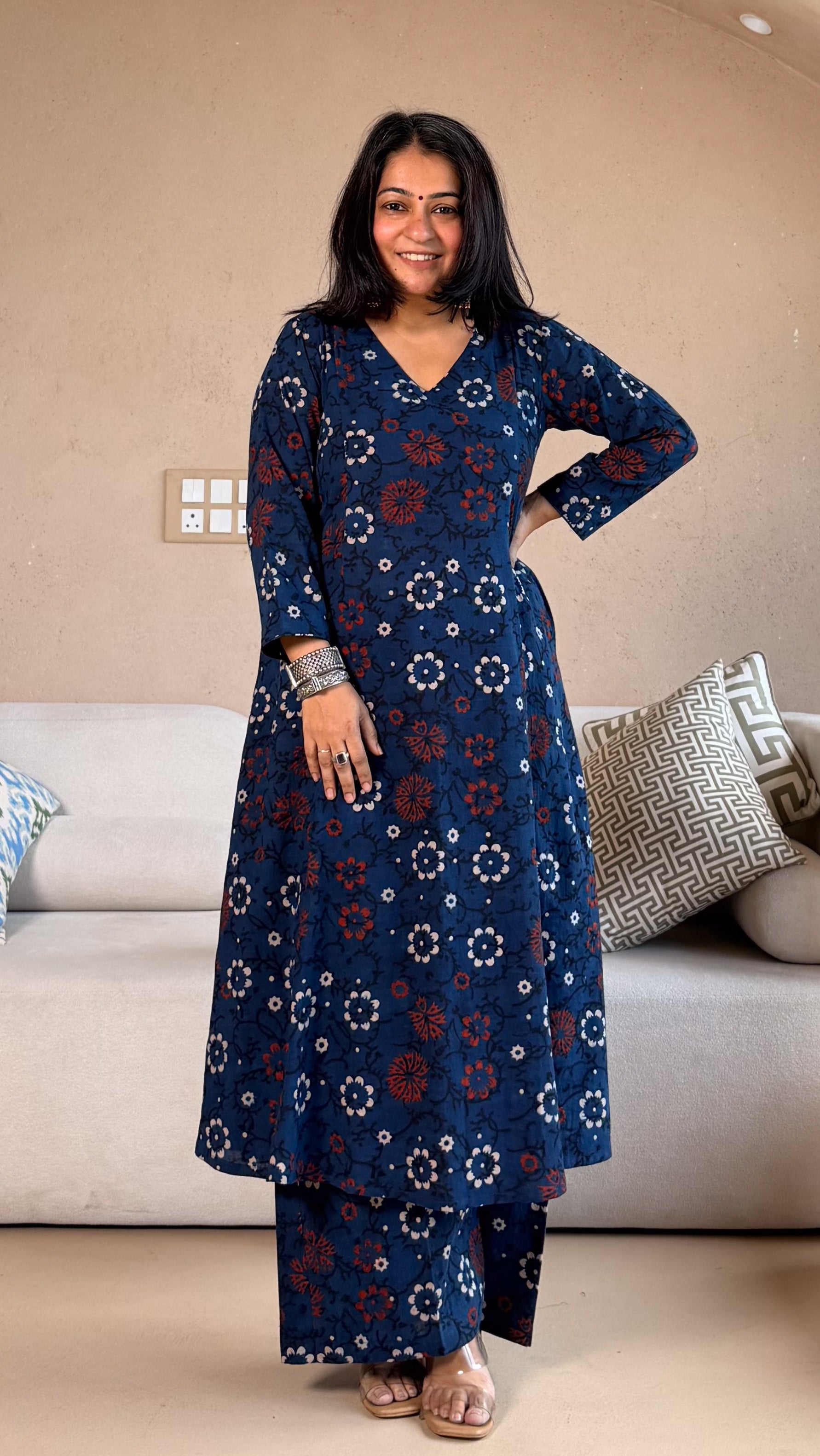 Nysa Floral Ajrakh Cotton Hand Block Kurta Set- Indigo