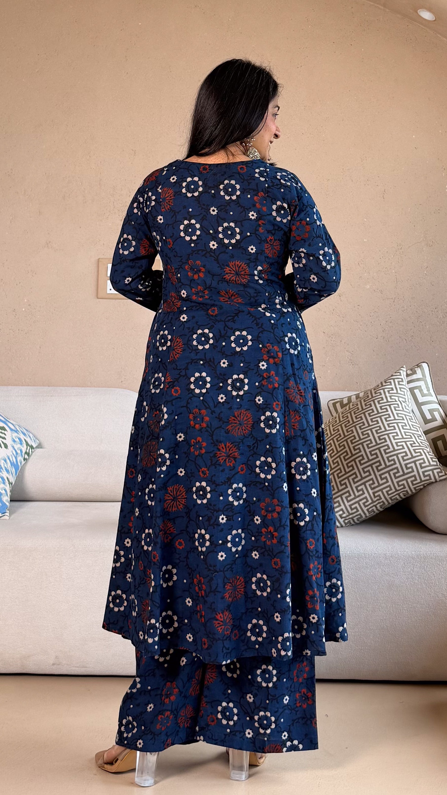 Nysa Floral Ajrakh Cotton Hand Block Kurta Set- Indigo