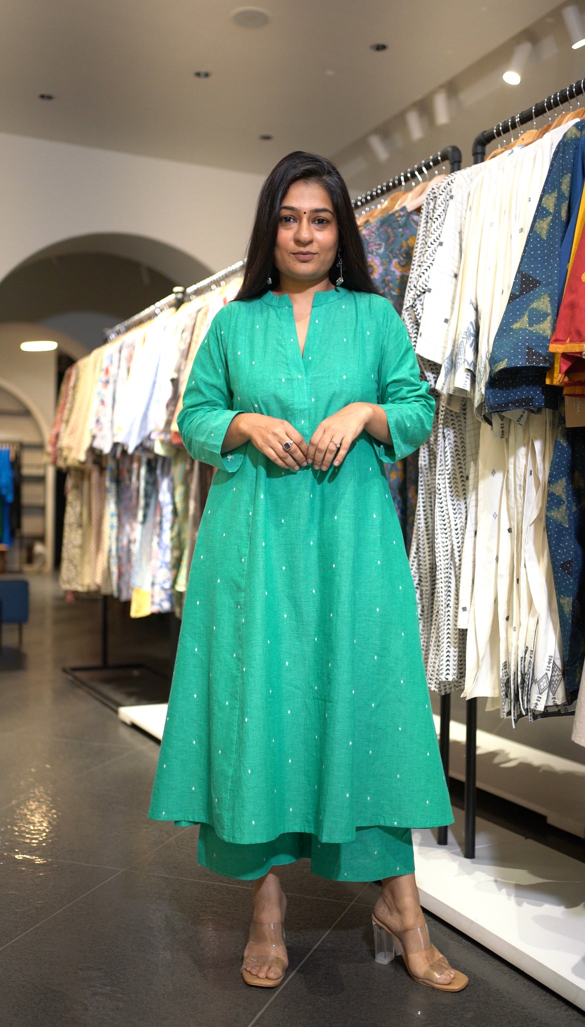 Freya Hand Woven Kali Cotton Kurta - Green