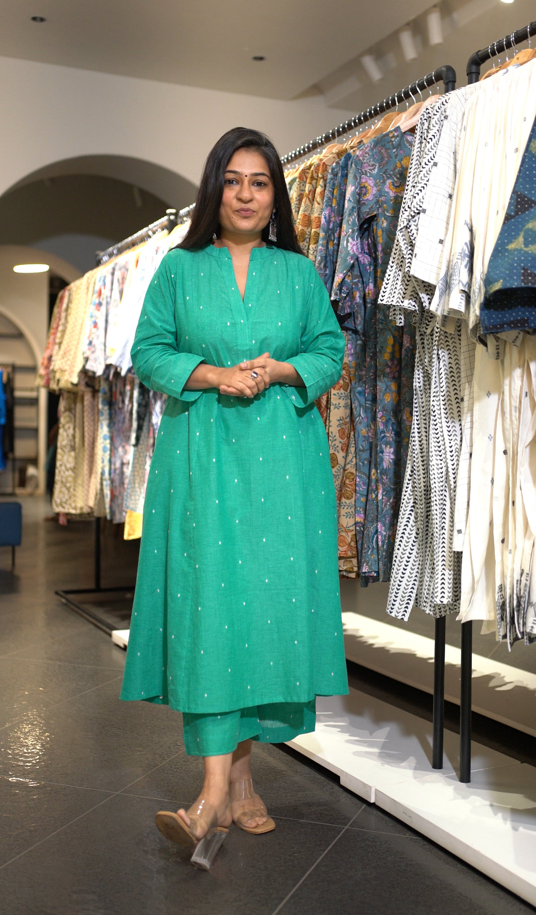 Freya Hand Woven Kali Cotton Kurta - Green